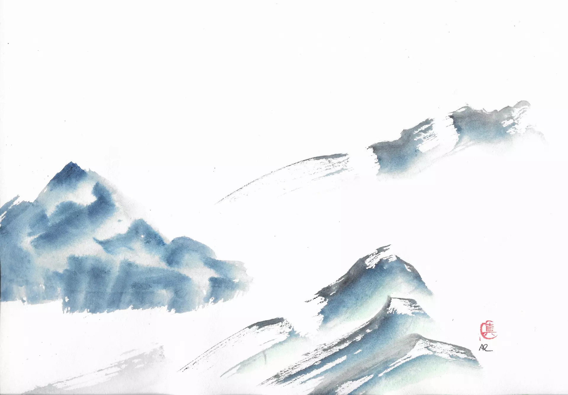 Sumi e Landscape blueink AR 1 Meditative, reduzierte Berglandschaft in Aquarell mit wenigen Pinselstrichen, die innere Balance und Stille symbolisiert, von Anita Ranzan