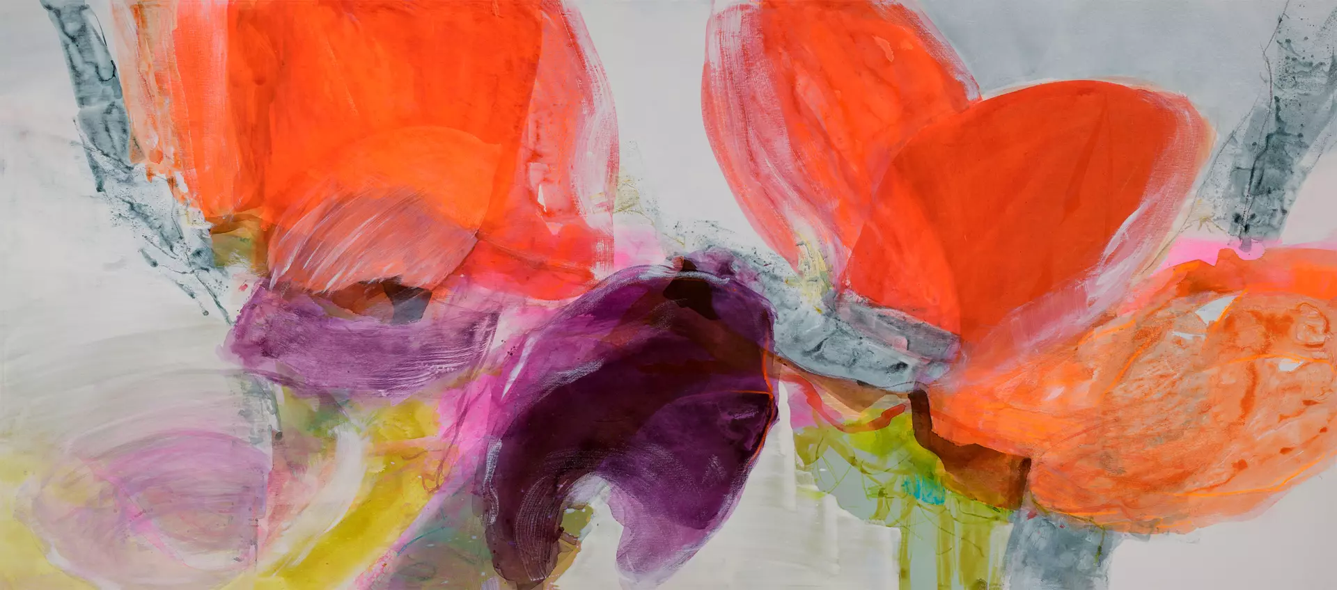 Tulips II 80x180cm von Angela Sommerhoff Abstrakte Malerei von Angela Sommerhoff mit leuchtenden Orange-, Violett- und Grautönen, inspiriert von Naturfarben und expressiven Formen