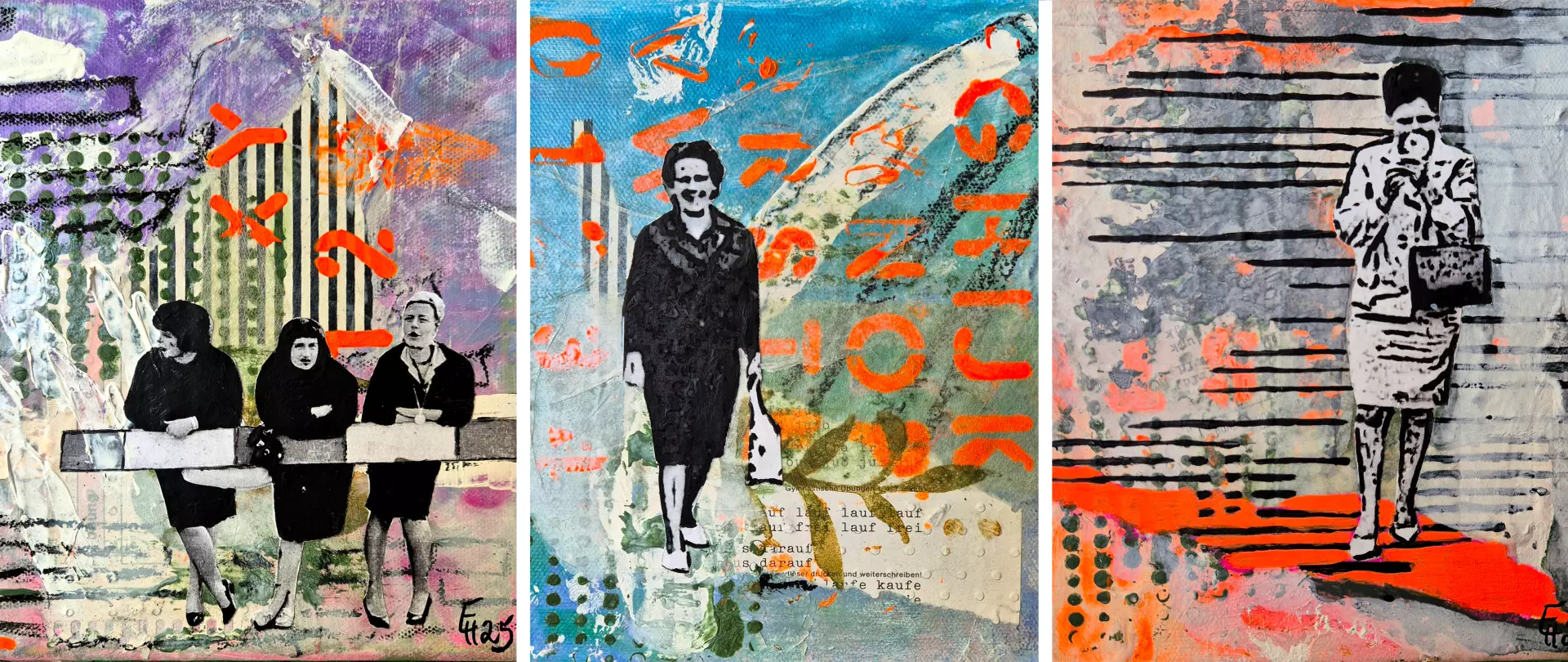 Dreiteilige Collage von Evelyn Hörmann mit Schwarz-Weiß-Figuren aus Familienfotos, überlagert von farbigen Acryl- und Pigmentschichten sowie grafischen Elementen