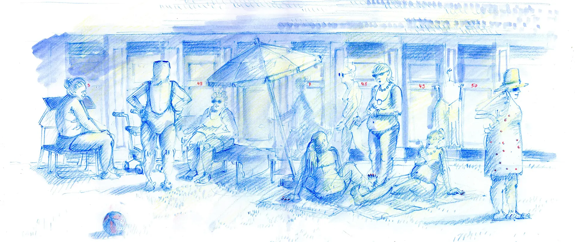 Skizze von Nora Brügel zeigt eine Gruppe von Menschen vor einem urbanen Gebäude mit Schattenspender, die das Zusammenspiel von Raum, Stadt und Architektur erkundet