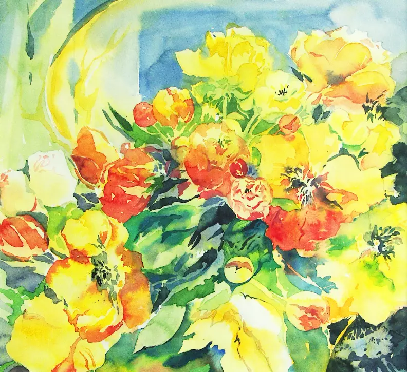 Sommerliche Blütenpracht in Aquarell Leuchtende Blüten in kräftigen Gelb- und Orangetönen, Aquarell – erstellt von Gabriele Templin-Kirz, Dozentin bei artistravel