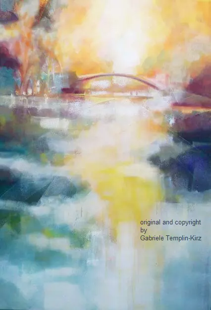 Lichtreflexe auf Wasser mit Brücke in Acryl Abstrakte Darstellung von Wasseroberfläche mit Lichtreflexen und Brücke, Acryl – erstellt von Gabriele Templin-Kirz, Dozentin bei artistravel