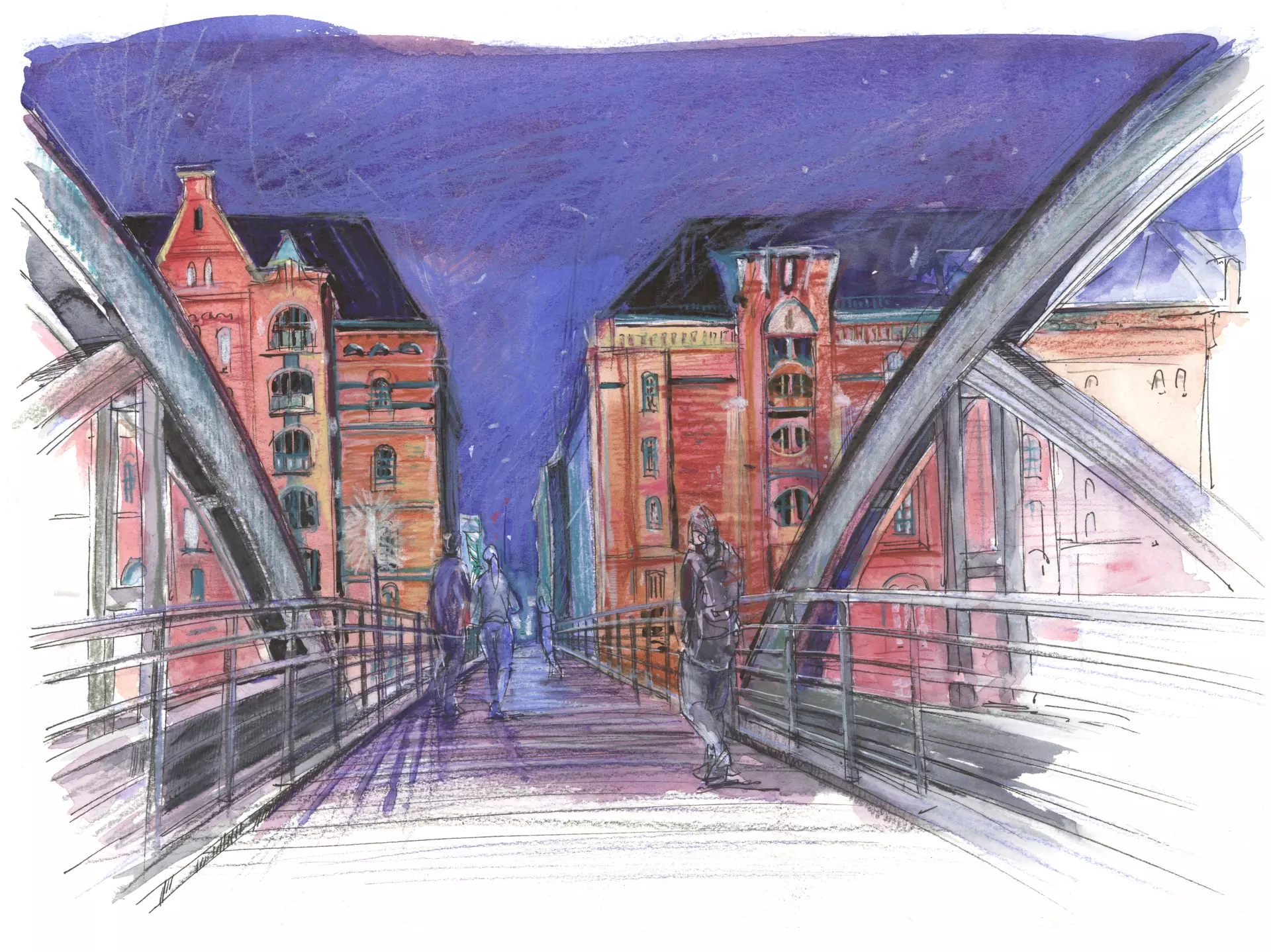 artistravel Malerei Dozentin Katja Rosenberg Urban Sketching Brücke Urban Sketching Zeichnung einer beleuchteten Brücke bei Abendstimmung, erstellt von Katja Rosenberg - Dozentin bei artistravel