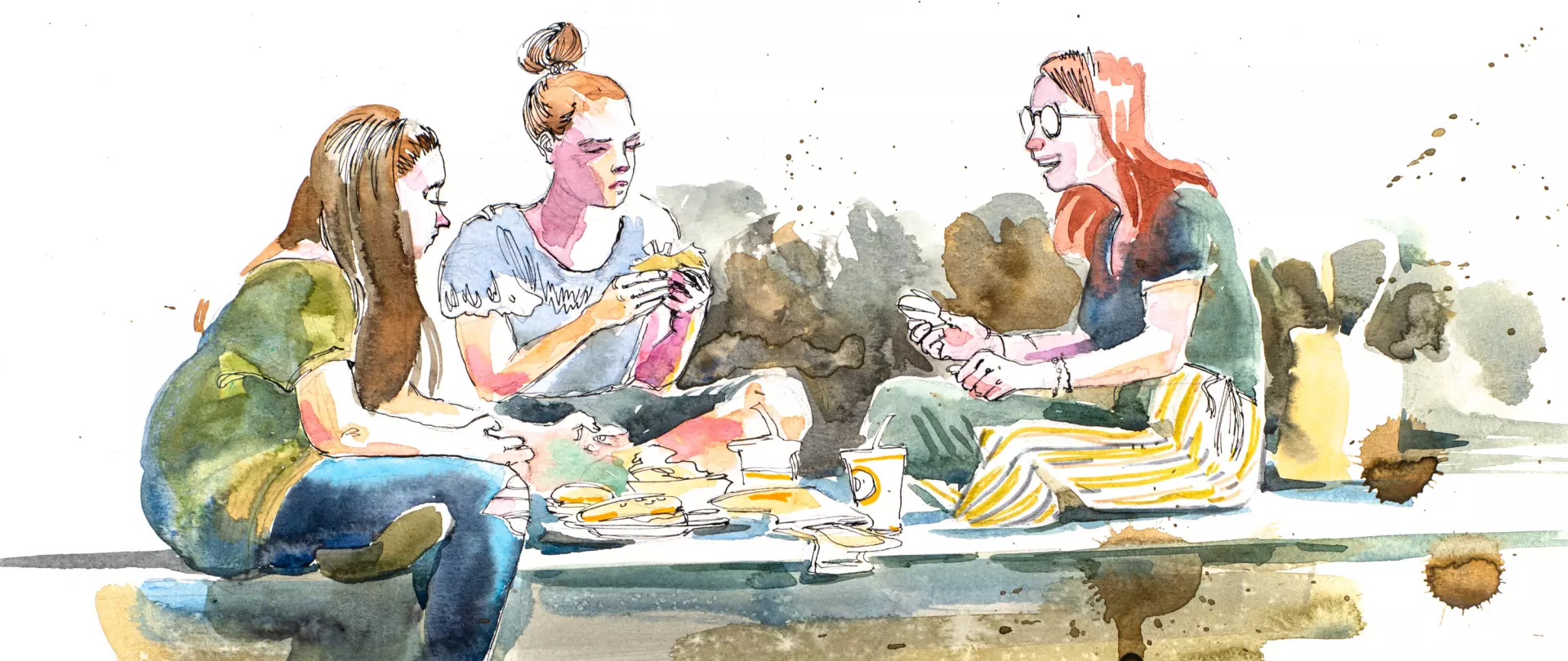 Szene eines sommerlichen Picknicks im Park mit drei Personen, gezeichnet von Alexander Leybovich – Dozent bei artistravel