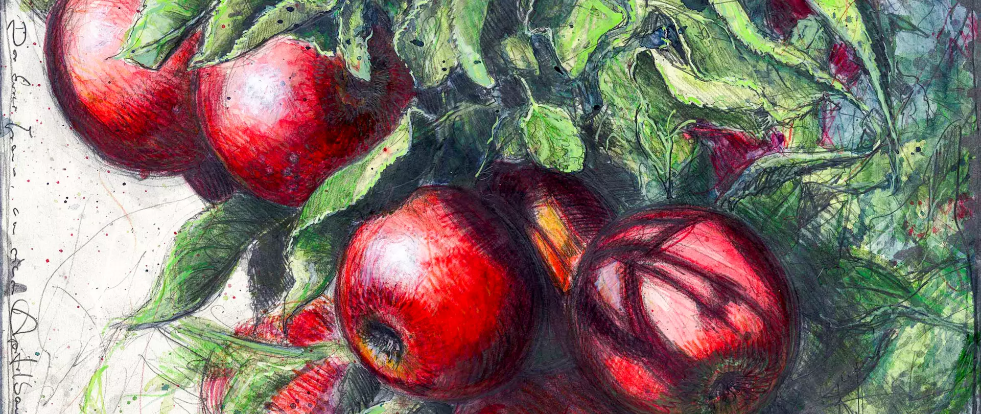 Andreas Noßmanns detailreiche Zeichnung roter Äpfel mit Blättern zeigt meisterhaftes Stillleben mit klassischem, teils grobkörnigem Stil und lebendiger Farbwirkung