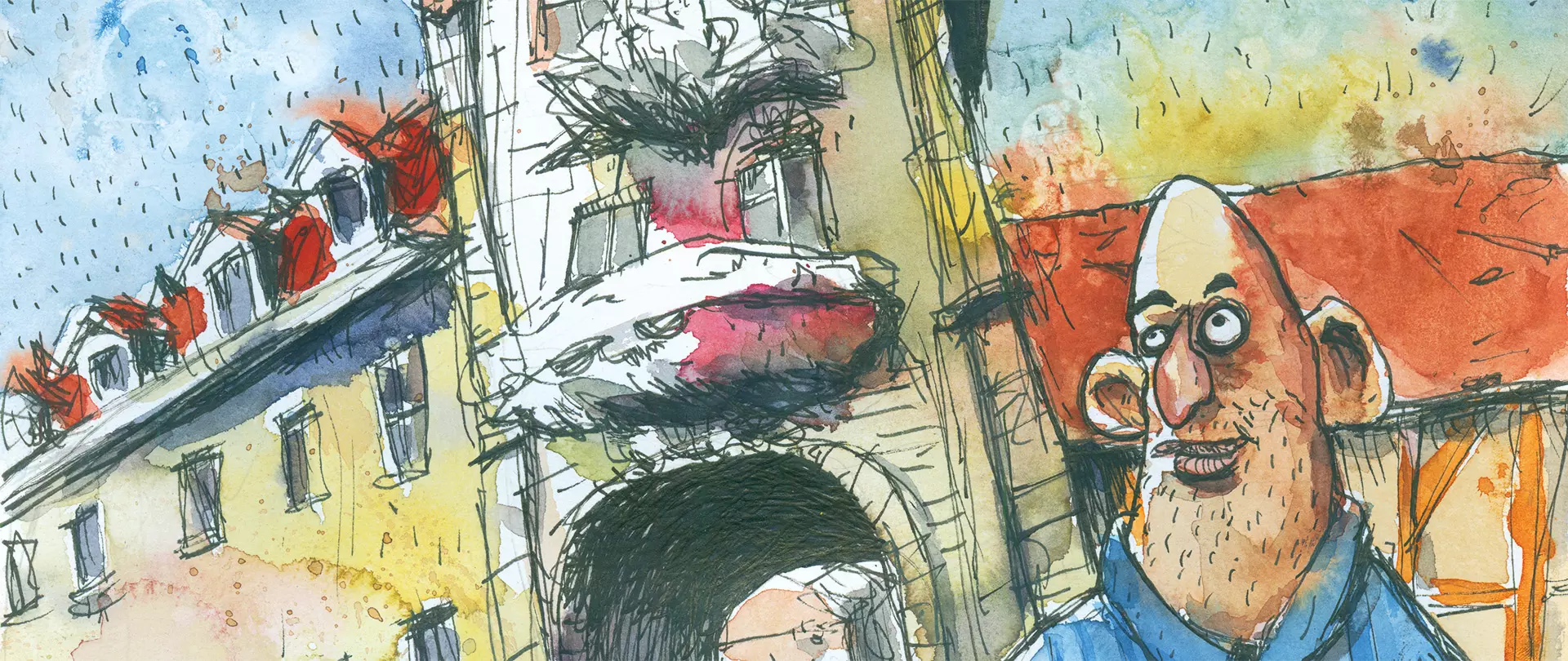 Aquarellierter Urban Sketch einer Altstadtstraße in Bamberg bei Regen, mit humorvoll karikierter Figur im Vordergrund – gezeichnet von Andreas Woitzik, Dozent bei artistravel
