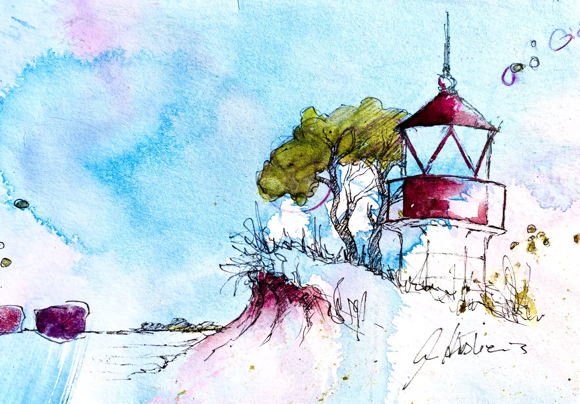 Urban Sketching: Leuchtturm in Blau Aquarellskizze eines sommerlich frischen Leuchtturms mit lockerer Pinselführung in Urban Sketching-Stil, gemalt von Anita Hörskens – Dozentin bei artistravel.