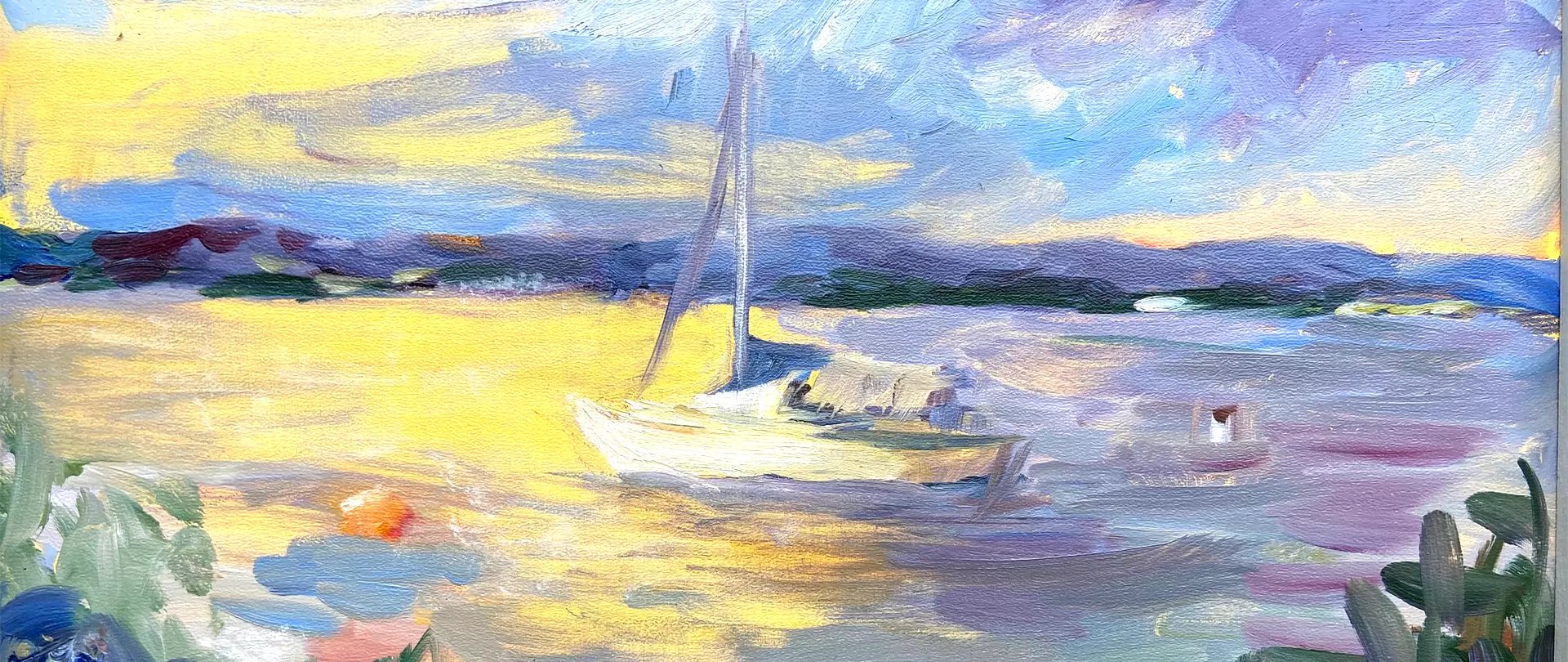 Boot am Ufer in einer hellen Seelandschaft mit lila-gelbem Lichtspiel – Acrylmalerei von Anke Gruss