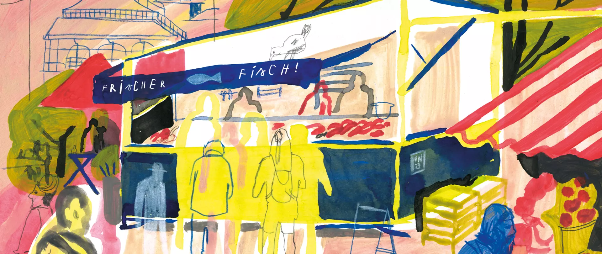 Urban Painting eines Fischstands, lebendige Farben in Acryl und Marker – Gelb, Blau, Rot, Urban Sketching, – erstellt von Anni von Bergen, Dozentin bei artistravel