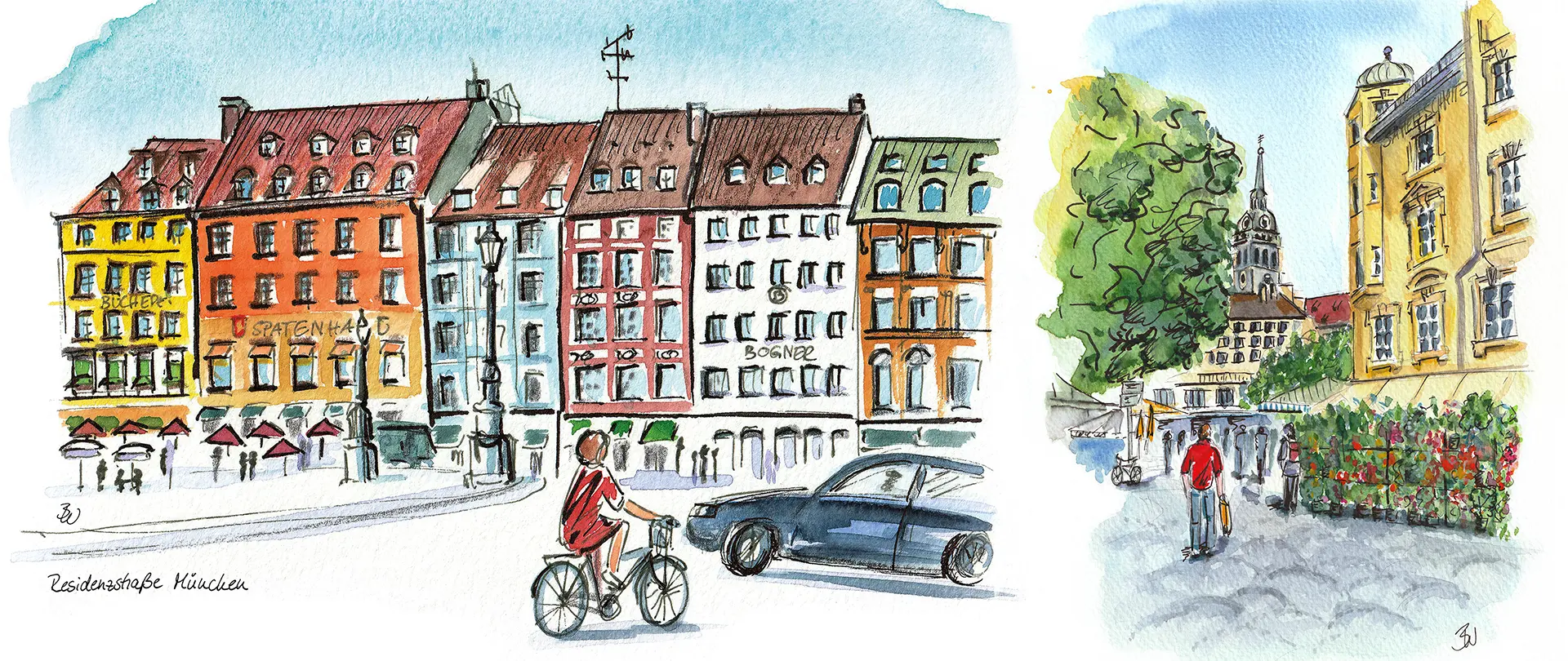 Farbenfrohe, stimmungsvolle Aquarellskizze von Bettina Weisl zeigt Münchens Residenzstraße mit Radfahrern, Autos und historischen Gebäuden im illustrativen Stil