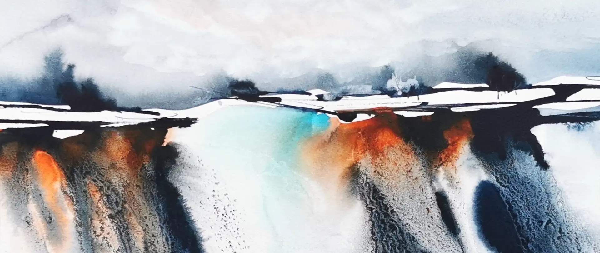 Abstrakte Aquarellstruktur mit fließenden Wasser- und Farbübergängen, intuitiv geschaffen von Claudia Drexhage im Zusammenspiel von Wasser und Farbe