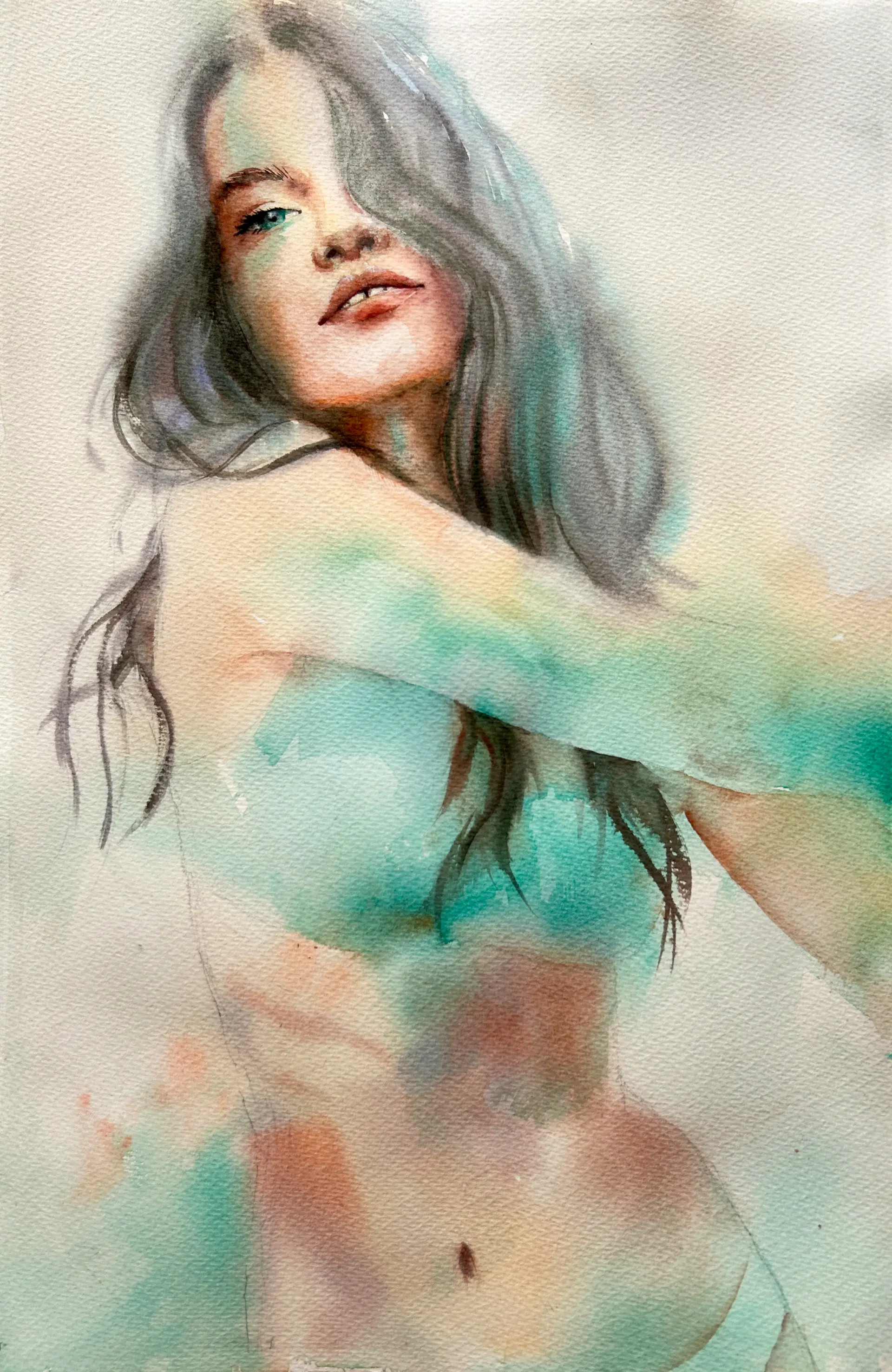 bearbeitet IMG E9678 Kopie Porträt einer jungen Frau in zarten Aquarellfarben mit weichen Licht- und Schatteneffekten, gemalt von Dobroslawa Robinski im charakteristischen Mixed-Media-Stil