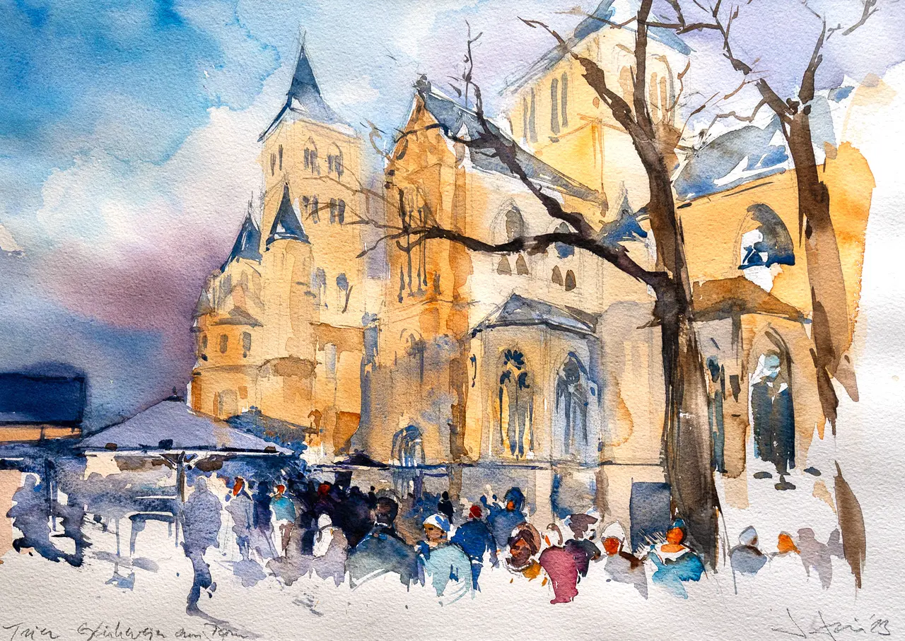 Aquarell von Sebastian Schön Aquarell von Sebastian Schön zeigt atmosphärische Stadtansicht mit Kirche, reduziert und lebendig in leuchtenden Farben und weichen Übergängen