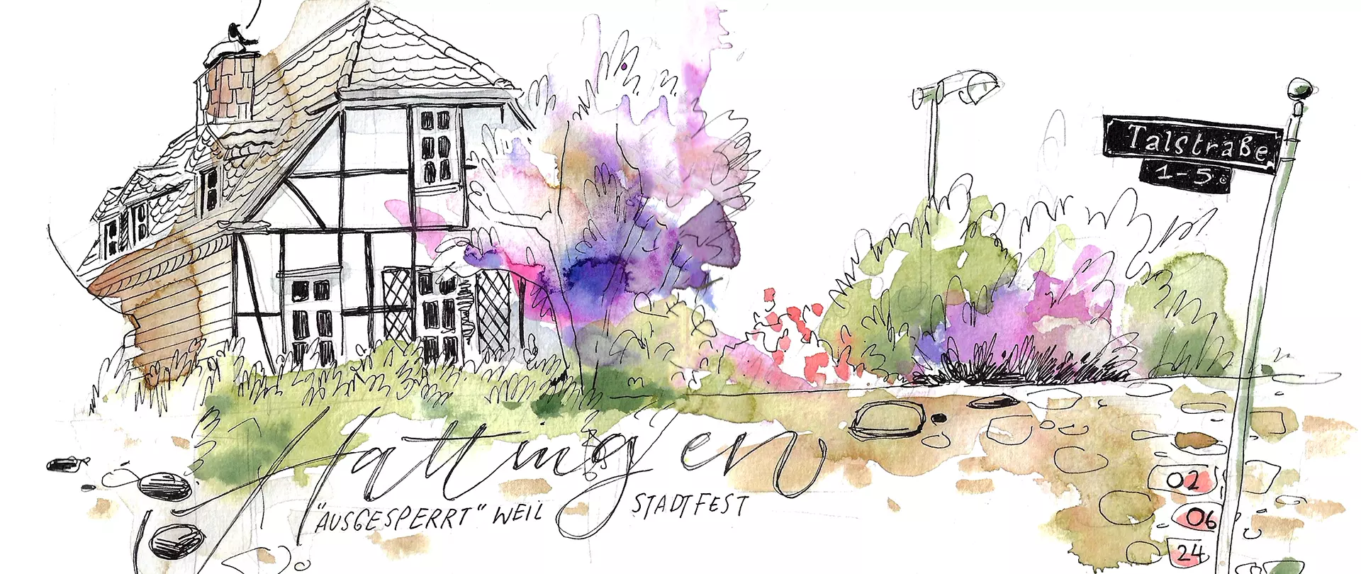 Urban-Sketching-Illustration eines Fachwerkhauses in Hattingen mit lockerer Linienführung und leuchtenden Aquarellfarben, gemalt von artistravel-Dozentin Tanja Meyer.