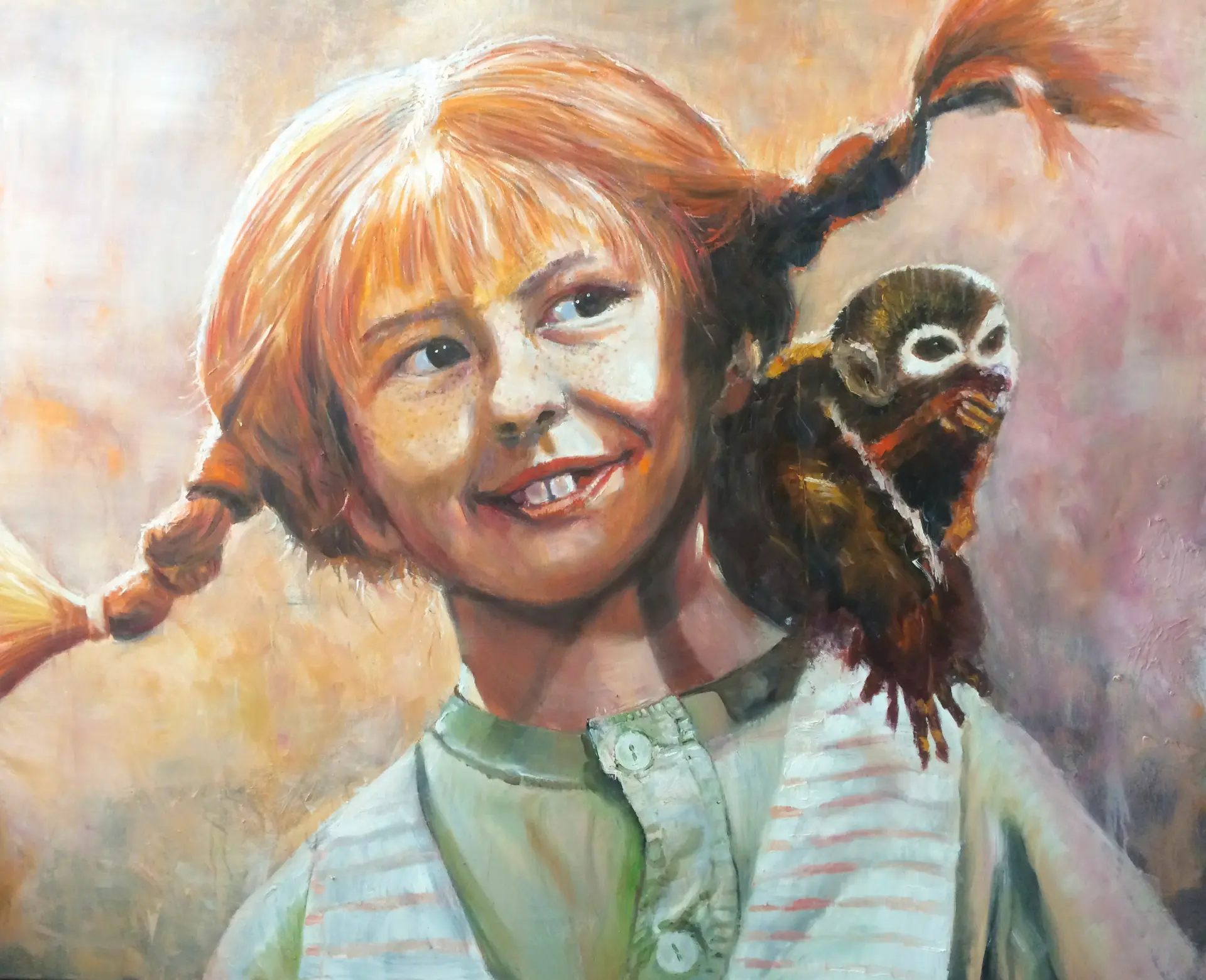 Pippi Langstrumpf Mädchen mit roten Zöpfen und kleinem Affen auf der Schulter in natürlichem Licht, gemalt von Holger Liedtke, Pippi Langstrumpf