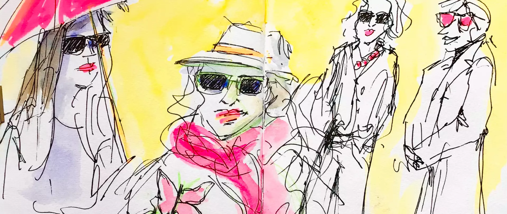 Skizze von vier Personen mit Sonnenbrillen, eine trägt einen pinken Schal, Hintergrund in Gelb und Pink erstellt von artistravel Dozentin Tanja Ulitzka