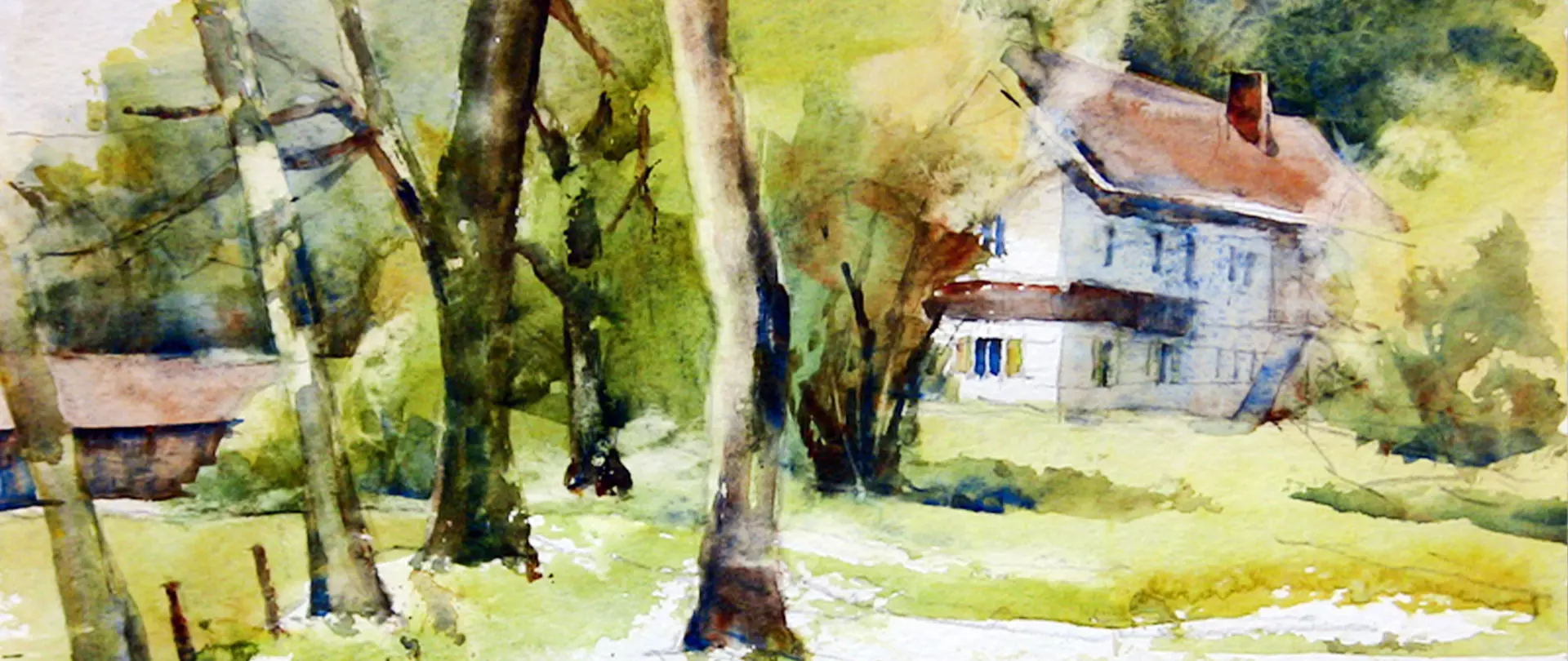 Aquarell eines Hauses im Allgäu, umgeben von Bäumen und grüner Wiese erstellt von artistravel Dozent Uli Hoiss