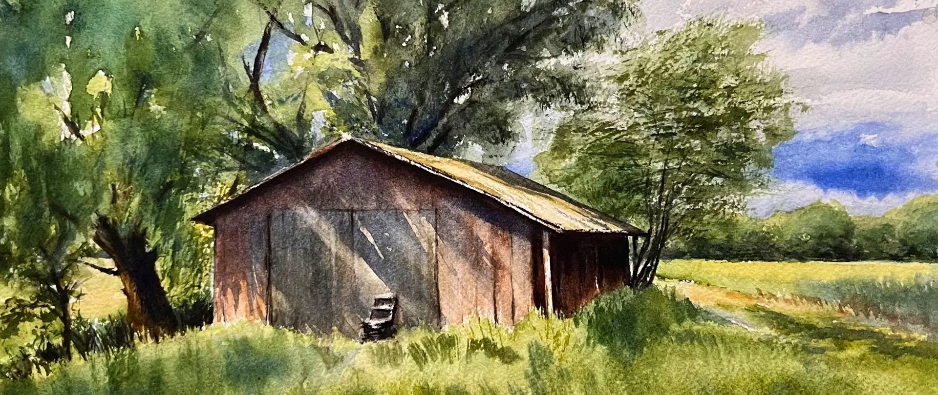 Rustikale Scheune in sanftem Licht und grüner Naturidylle, impressionistisch aquarelliert von Annett Coumont