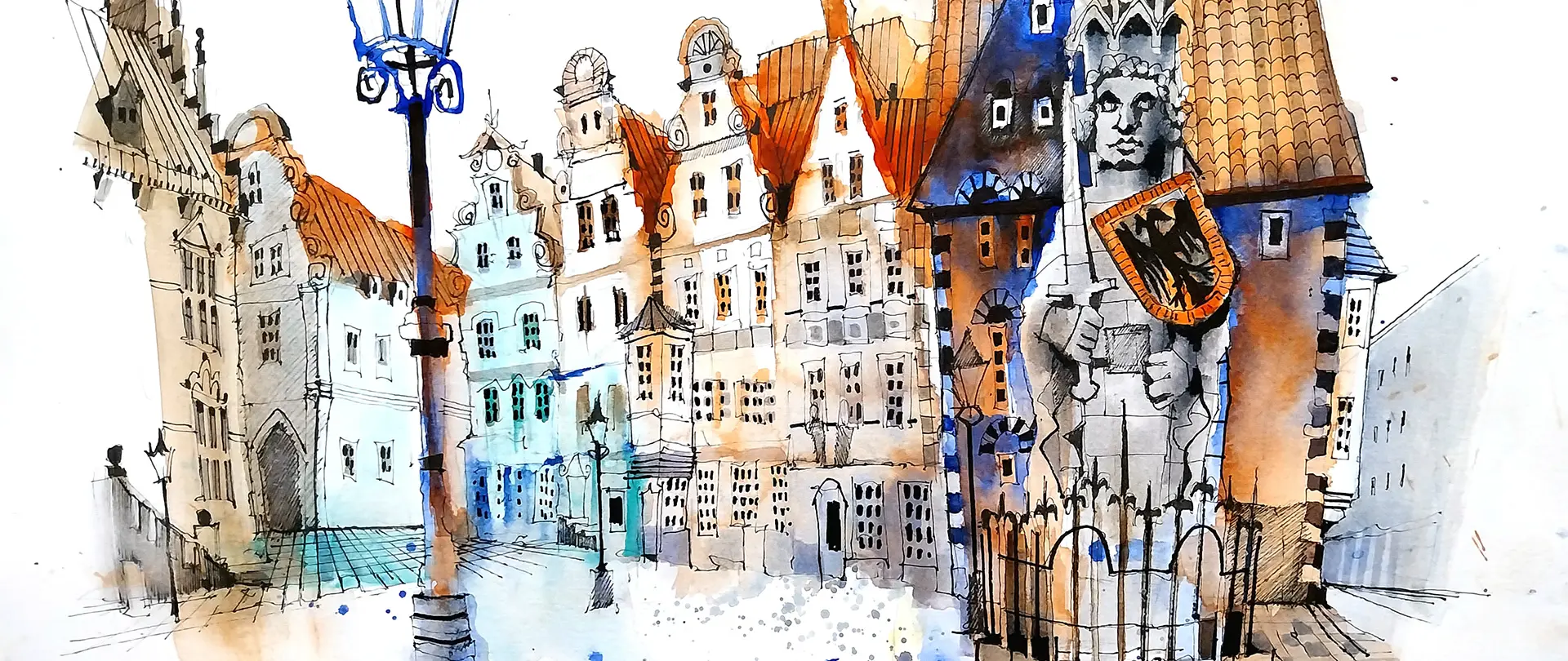 Stimmungsvolle Stadtszene mit historischen Gebäuden und einer Statue, lebendig und detailreich in Aquarell und Tinte von Ian Fennelly skizziert
