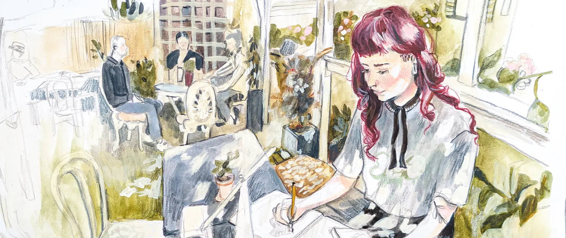 Frau in hellem Raum beim Schreiben in einem Café, aquarellierte Szene mit lebendigen Farben und feinen Linien von Mara Kawka