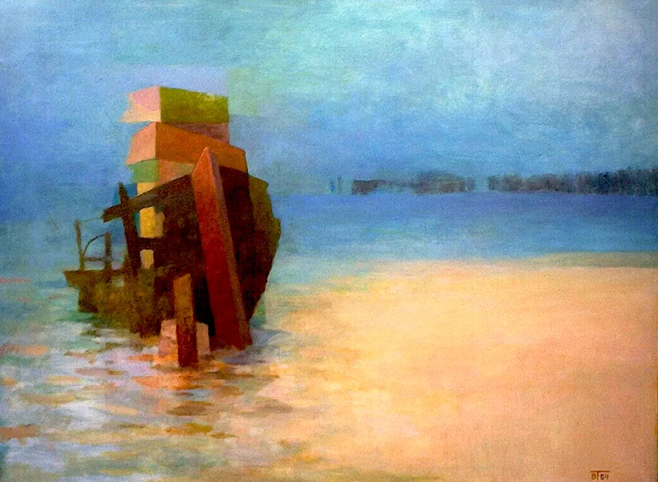 artistravel Malerei Dozent Bernd Finkenwirth Öl abstrakt Boot Ein Ölbild mit dunklen Farben von einem Schiff auf dem Wasser, erstellt von Bernd Finkenwirth – Dozent bei artistravel
