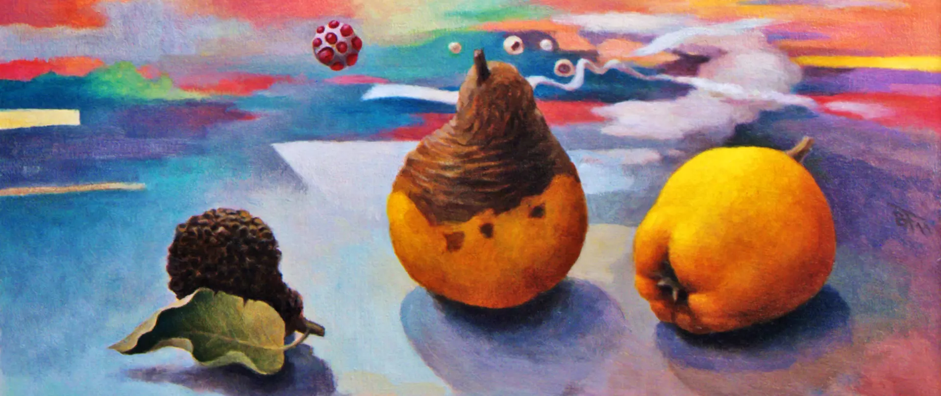 Ein Stillleben in Öl mit Früchten, die teilweise braun werden, erstellt von Bernd Finkenwirth – Dozent bei artistravel