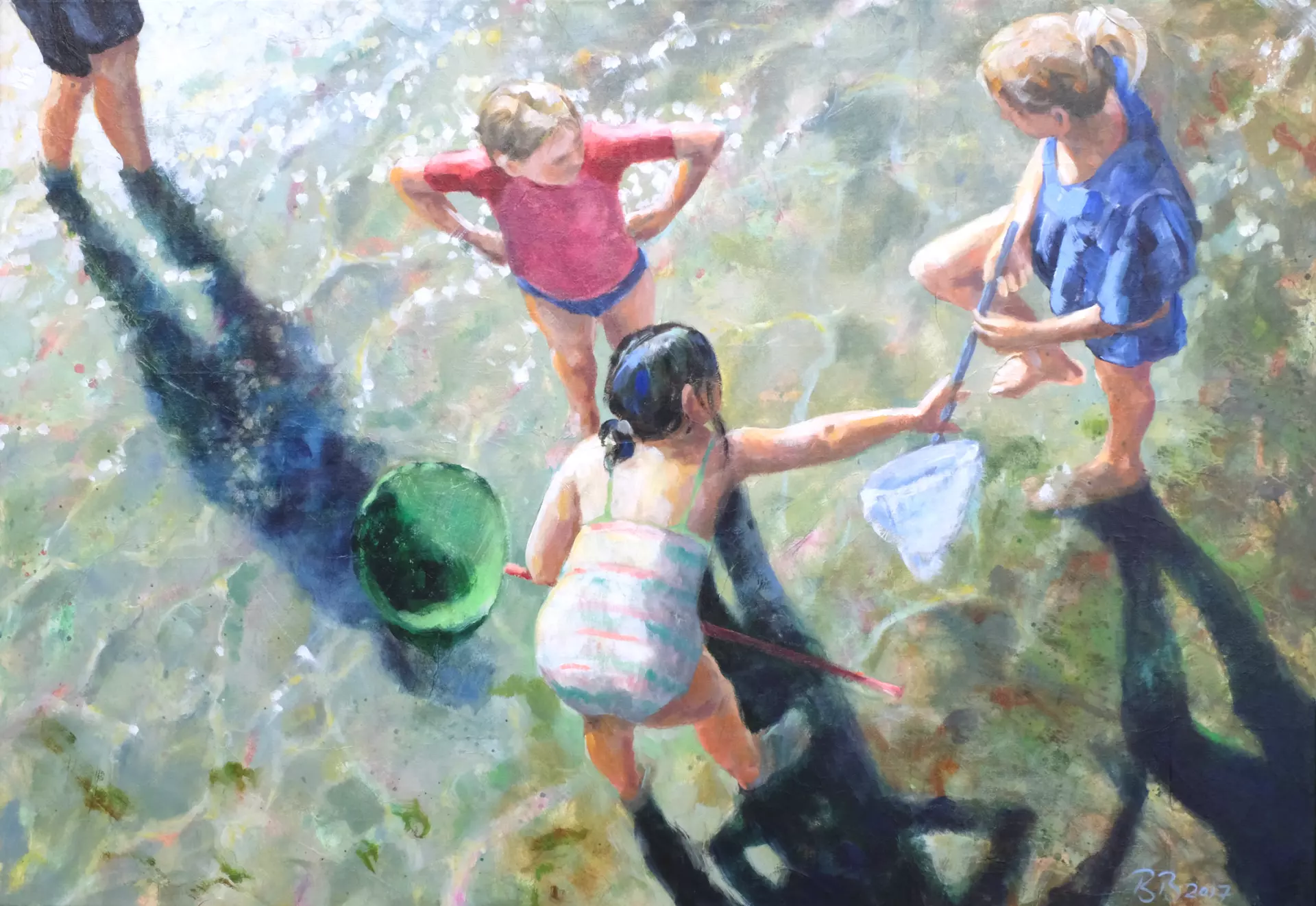 artistravel Malerei Dozentin Bettina Bülow-Böll Acryl Drei Kinder im Wasser Acrylbild mit drei Kindern, die in knöcheltiefem Wasser spielen, erstellt von Bettina Bülow-Böll – Dozentin bei artistravel
