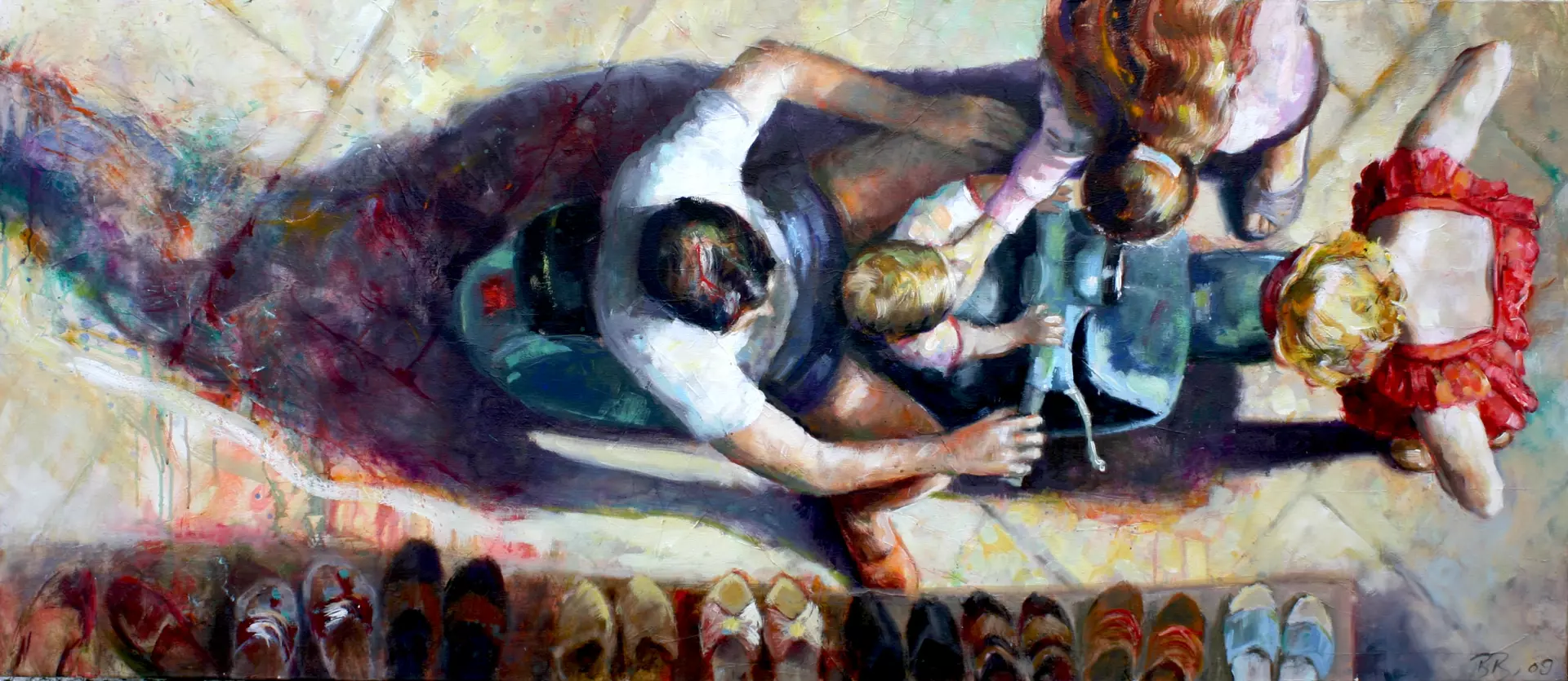 artistravel Malerei Dozentin Bettina Bülow-Böll Acryl Mann auf Roller mit Kind und Familie Acrylbild mit einem Blick von oben auf eine Familie, die sich um einen alten Roller versammelt hat, ein Mann sitzt darauf, erstellt von Bettina Bülow-Böll – Dozentin bei artistravel