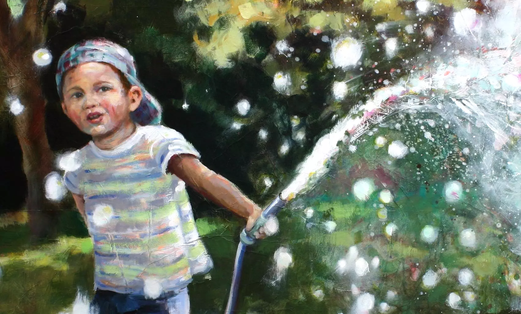 artistravel Malerei Dozentin Bettina Bülow-Böll Acryl Kind mit Wasserschlauch Acrylbild mit einem kleinen Jungen, der einen Gartenschlauch hält, erstellt von Bettina Bülow-Böll – Dozentin bei artistravel