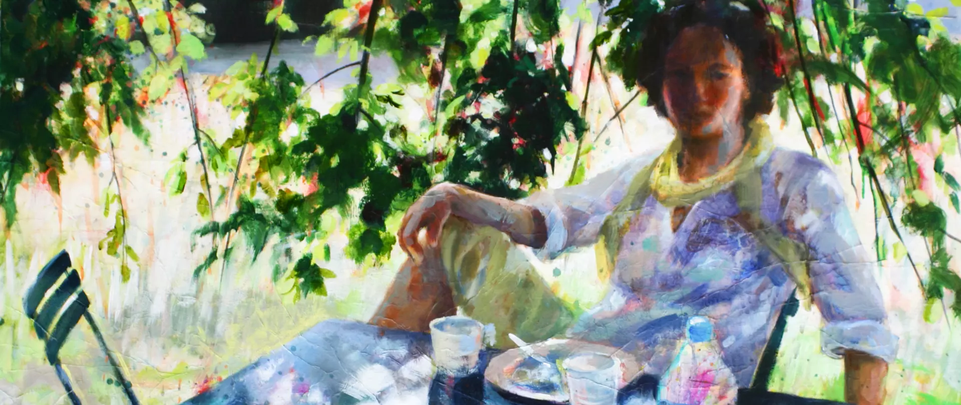 artistravel Malerei Dozentin Bettina Bülow-Böll Acryl Frau am Gartentisch Acrylbild mit einer Frau, die an einem Gartentisch sitzt, erstellt von Bettina Bülow-Böll – Dozentin bei artistravel