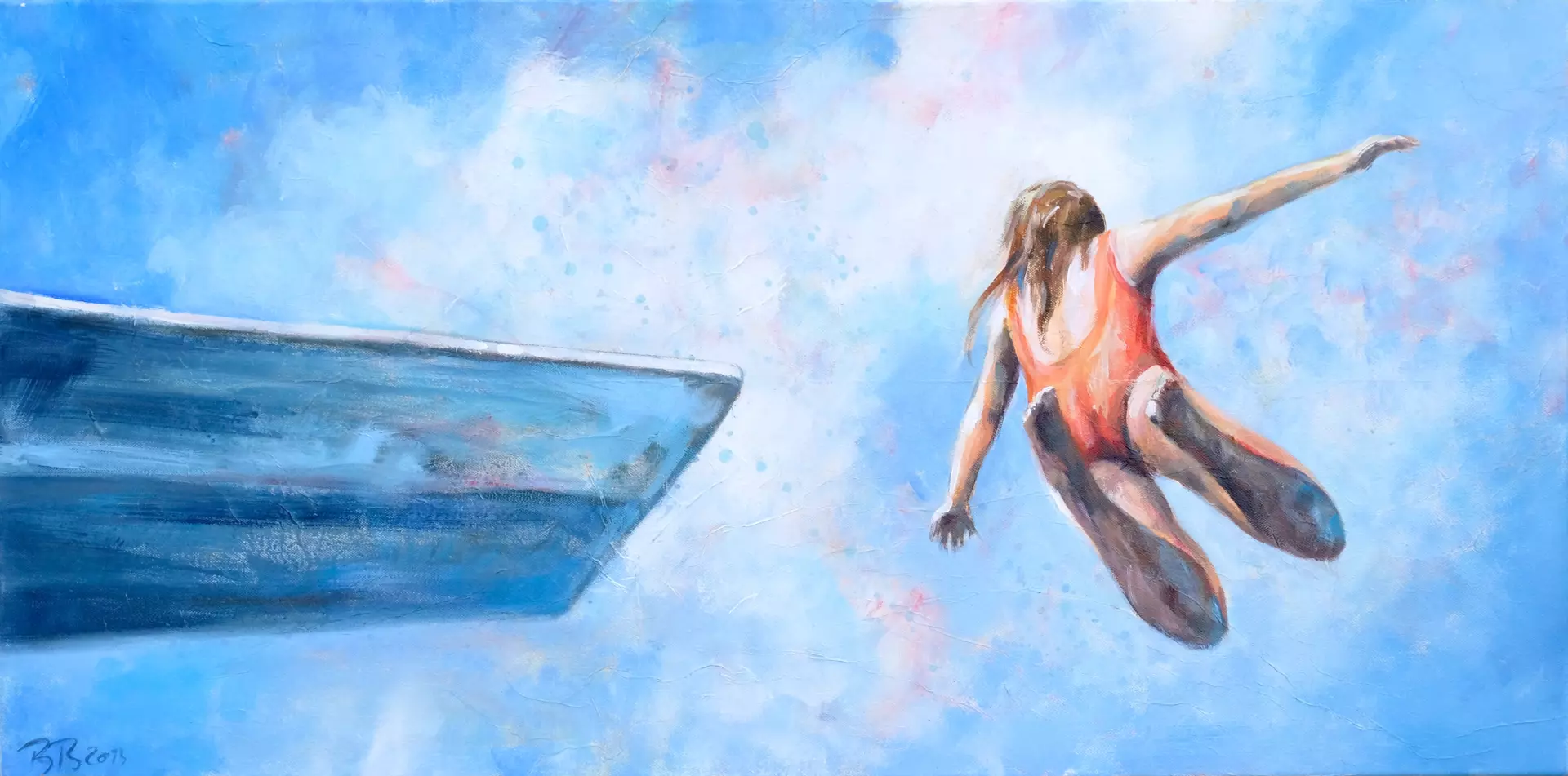 artistravel Malerei Dozentin Bettina Bülow-Böll Acryl Sprung ins Wasser Acrylbild mit einem Mädchen, das von einem Springbrett springt, erstellt von Bettina Bülow-Böll – Dozentin bei artistravel
