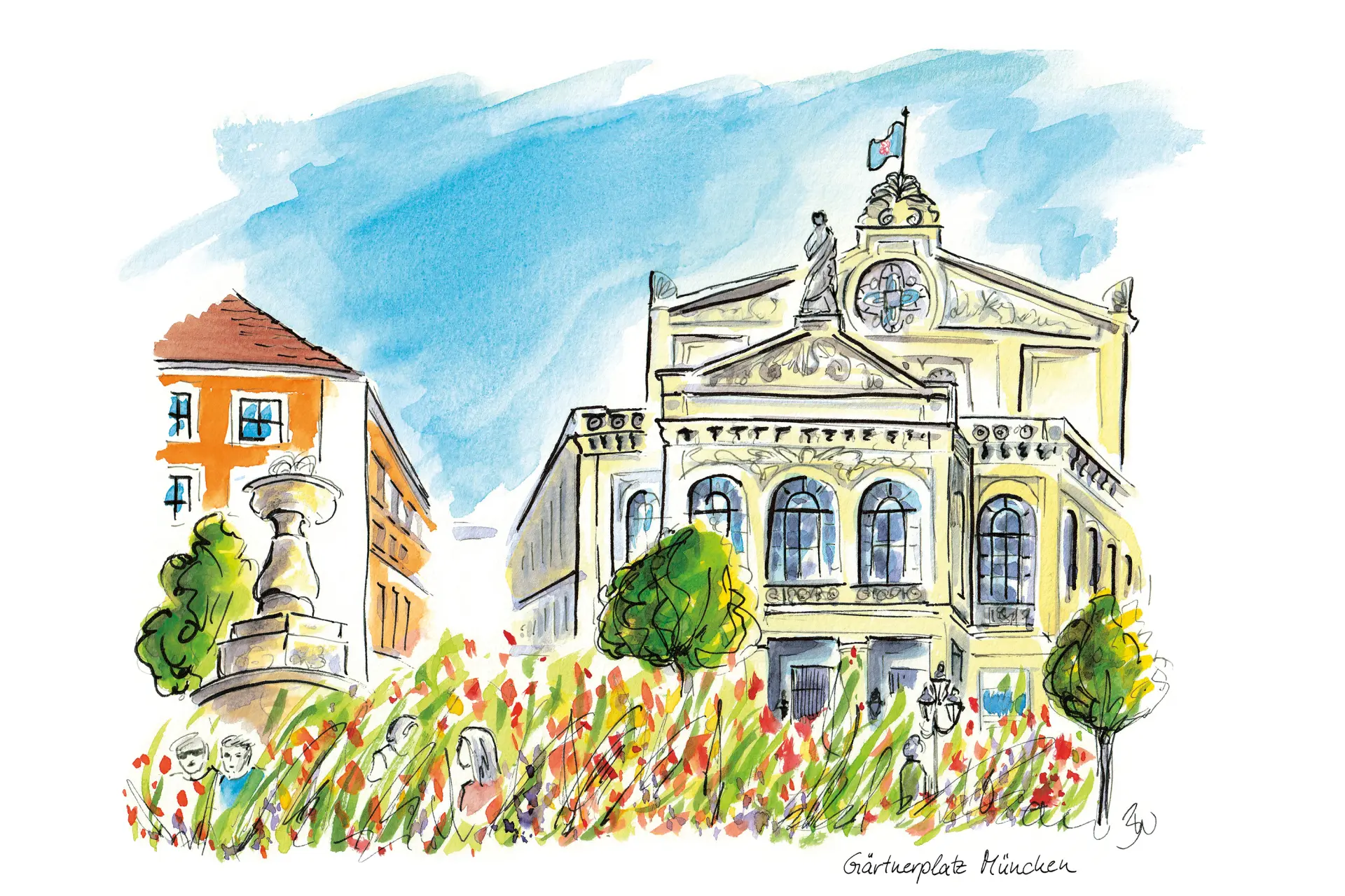 Gärtnerplatz Urban Sketching Farbenfrohe Aquarellskizze von Bettina Weisl zeigt den Gärtnerplatz in München mit historischer Fassade, Blumenbeeten und lebendiger Atmosphäre im illustrativen Stil
