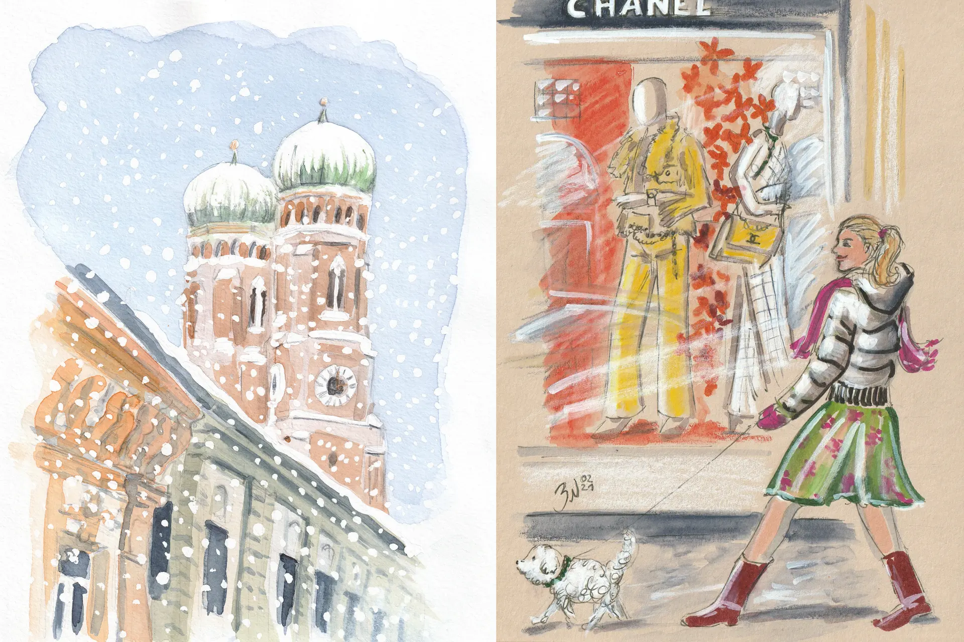 Muenchen im Winter Urban Sketching Farbenfrohe, stimmungsvolle Aquarell-Illustration von Bettina Weisl mit verschneitem Münchner Dom und Frau mit Hund vor einem Chanel-Schaufenster