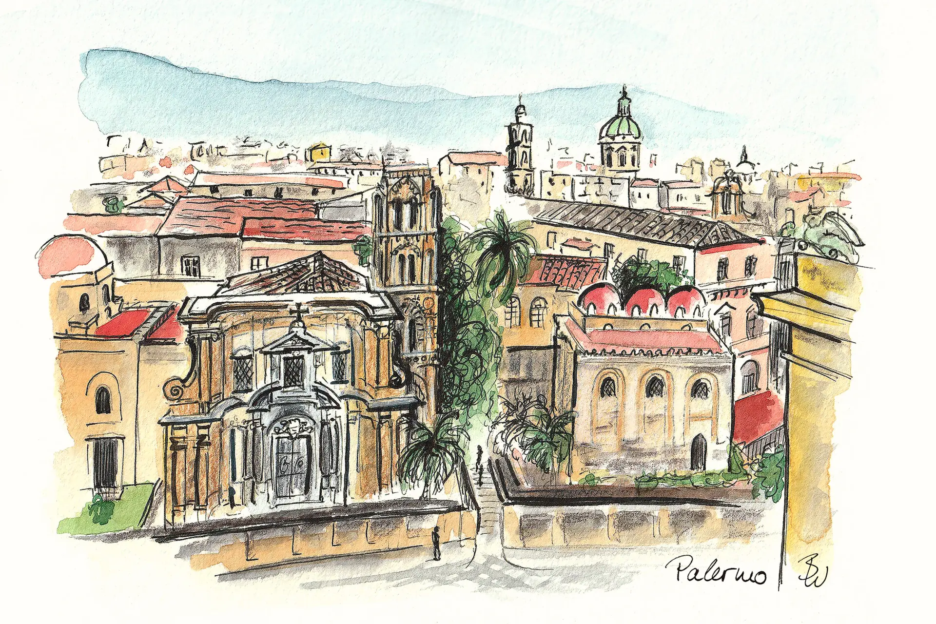 Palermo Urban Sketching Farbenfrohe, stimmungsvolle Aquarellskizze von Palermo mit historischen Gebäuden und Palmen von Bettina Weisl im illustrativen Stil