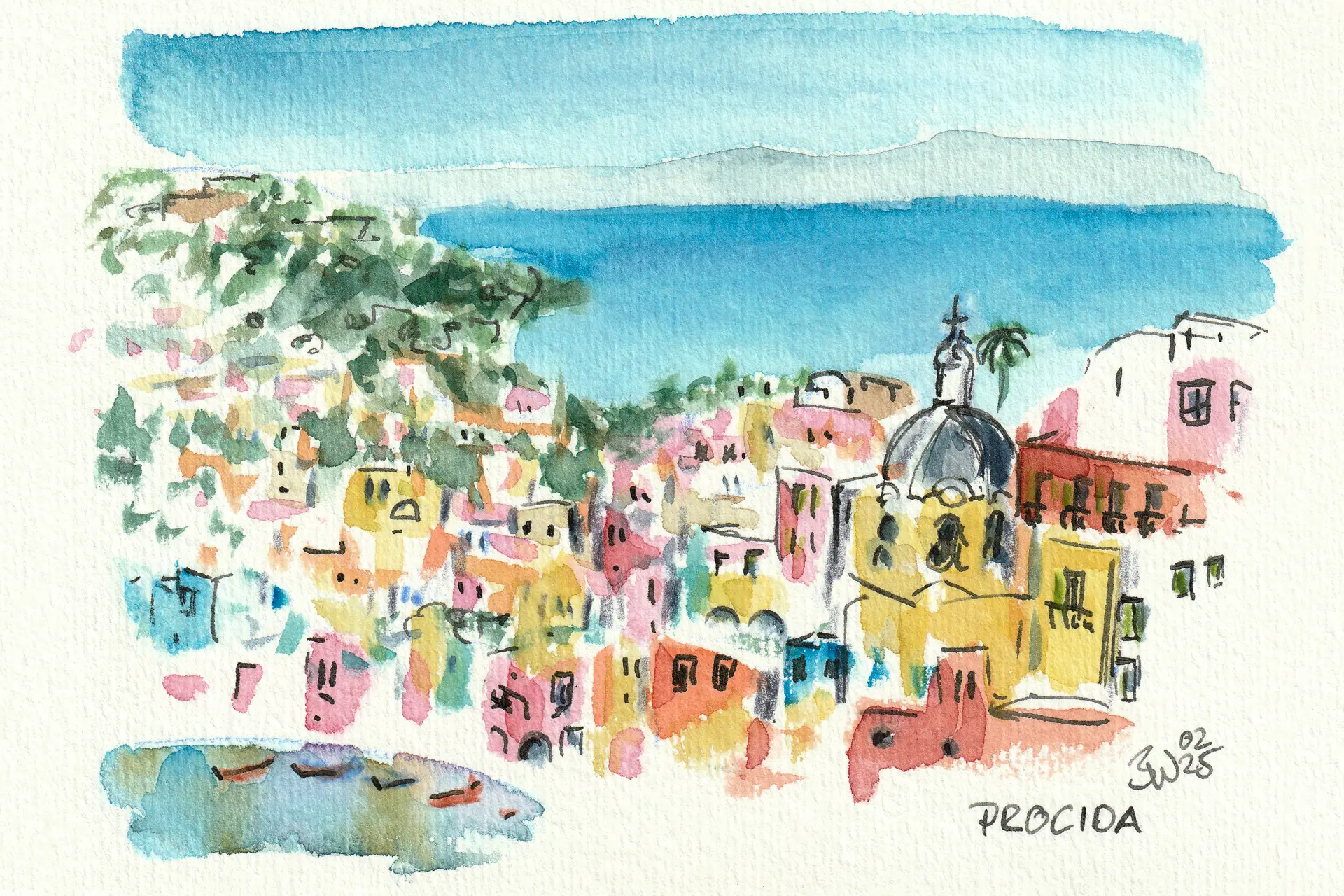 Procida Urban Sketching Farbenfrohe Aquarellskizze der italienischen Insel Procida mit Häusern und Meer von Bettina Weisl im illustrativen Stil