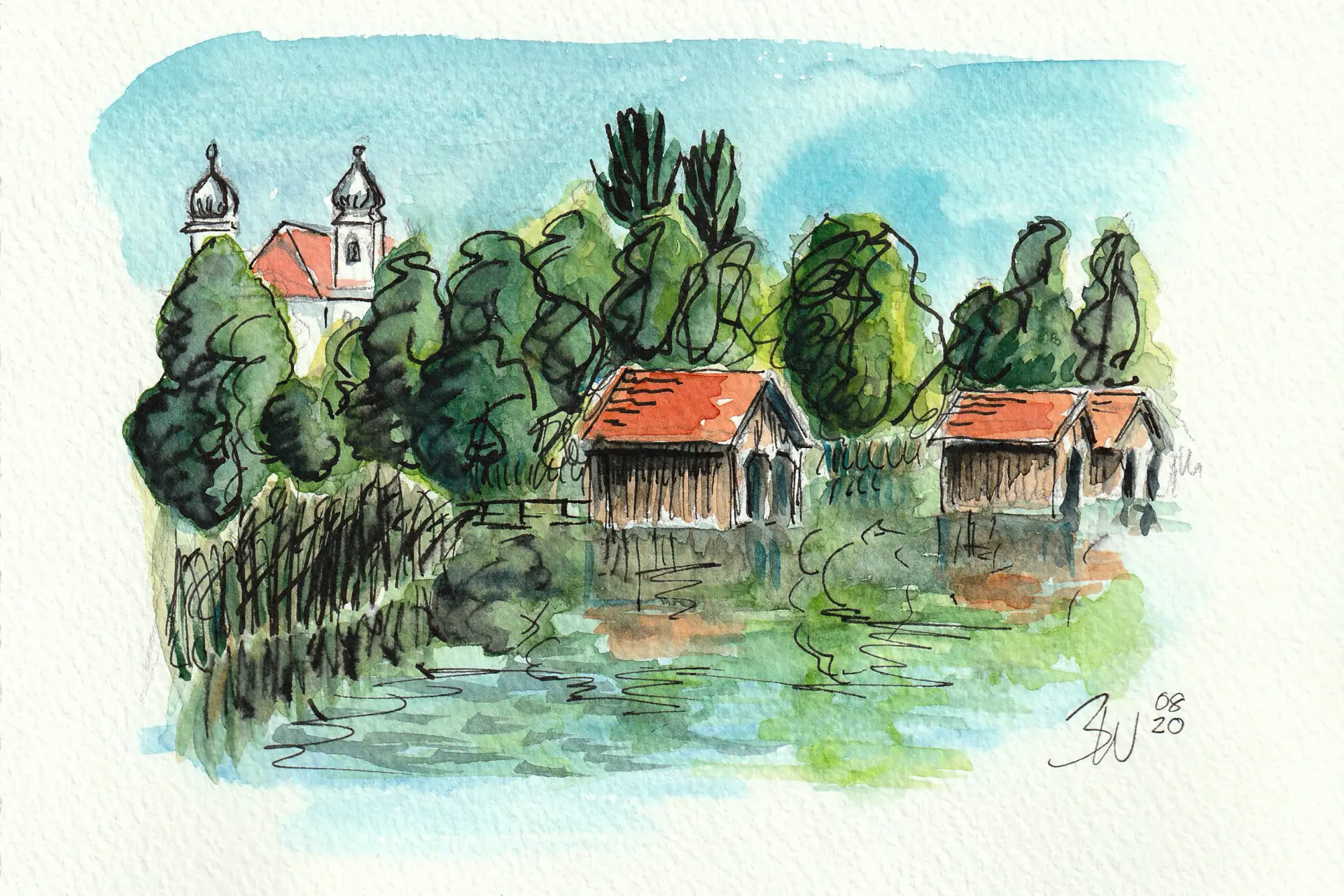 Schlehdorf Urban Sketching Farbenfrohe Aquarellskizze von Seenlandschaft mit Bootshäusern und Kirche, geprägt von Bettina Weisls illustrativem, stimmungsvollem Stil und lockeren Strichen