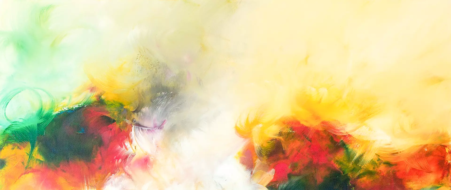 Helles abstraktes Gemälde von Christiane Middendorf mit fließenden Übergängen in Gelb, Grün, Rot und Weiß – eine luftige, atmosphärische Komposition voller Bewegung und Licht.