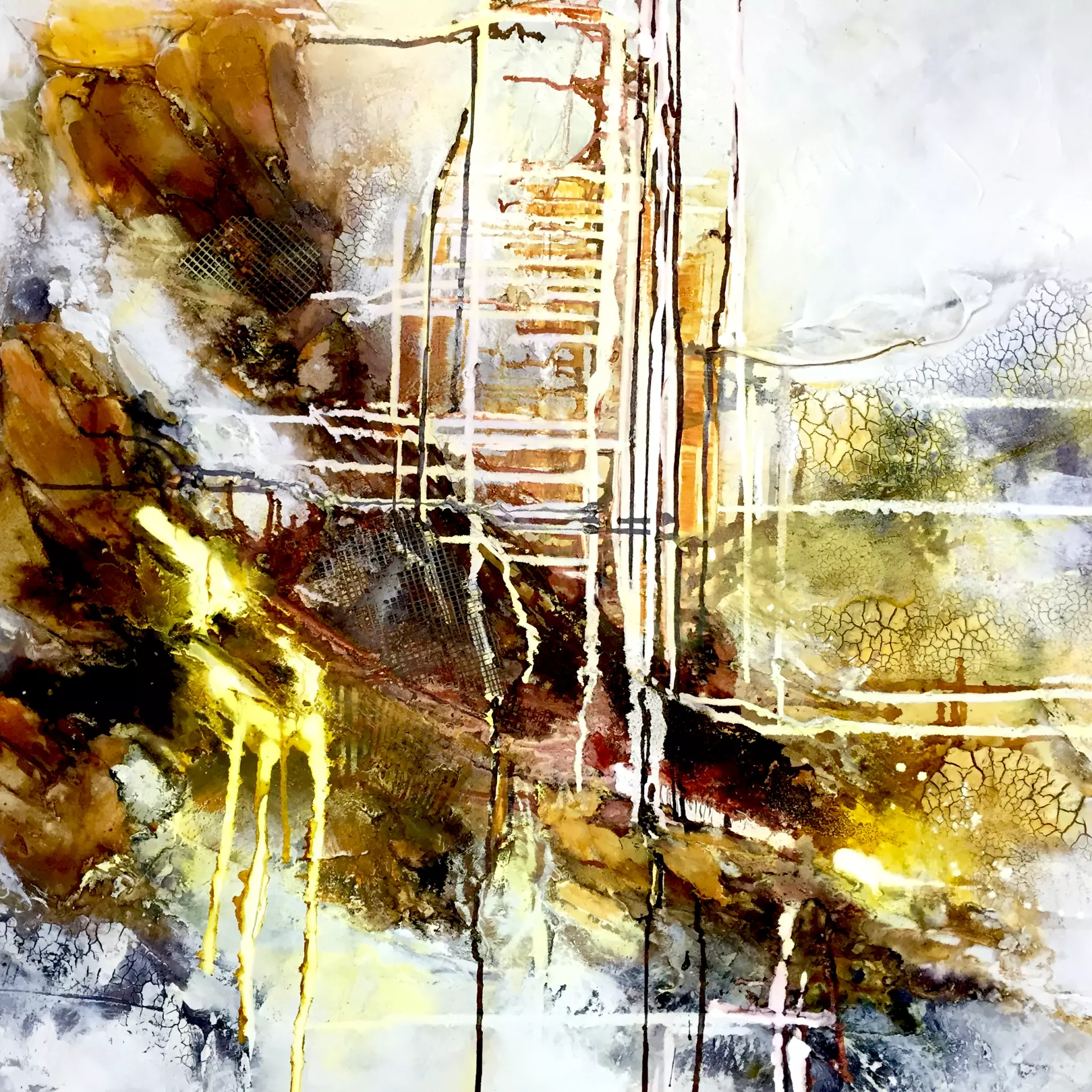 Fließende Farben Abstraktes Werk in Acryl mit verschiedenen fließenden Bildelementen in braunen und warmen Tönen, gemalt von Claudia Kassner - Dozentin bei artistravel