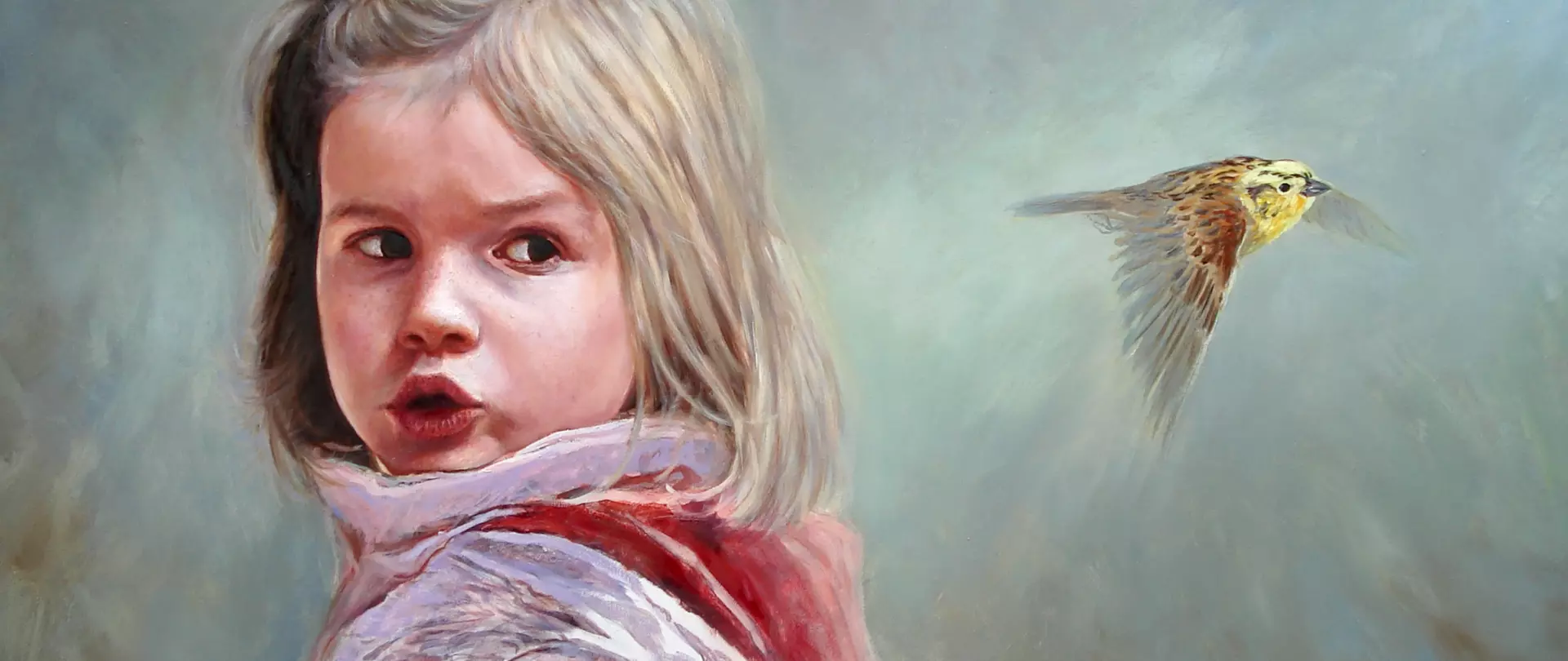 Mädchen mit neugierigem Blick auf einen Vogel im Flug, detailreich und lebendig gemalt von Claus Rabba