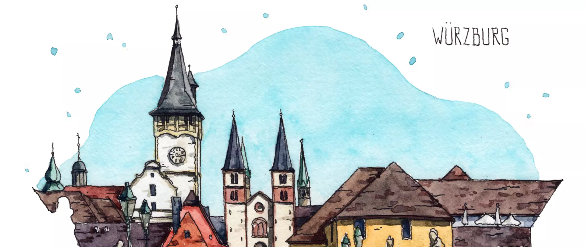 Farbenfrohe und detailreiche Aquarellzeichnung der Würzburger Stadtarchitektur mit Türmen und Häusern von Danny Hawk, geprägt von spielerischen Elementen und lebendigen Umrissen