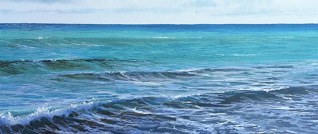Acrylgemälde einer ruhigen Meereslandschaft mit Horizont und Wellen, erstellt von Elena Romanzin - Dozentin bei artistravel