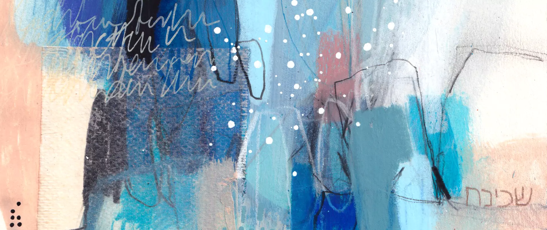 Abstraktes Mixed Media Werk in leichten rosa- und weiß-Tönen mit Blauen Flächen die in der Mitte des Bildes den Hauptteil ausmachen, gemalt von Eva Kalien - Dozentin bei artistravel