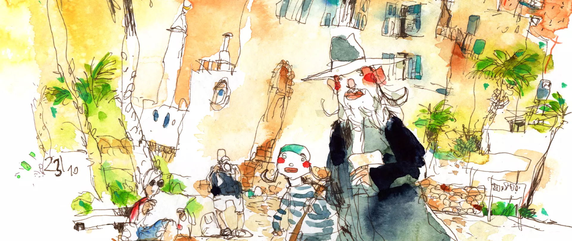 Verspielte Straßenszene mit skurrilen Charakteren in leuchtenden Farben – Felix Scheinberger, Dozent bei artistravel