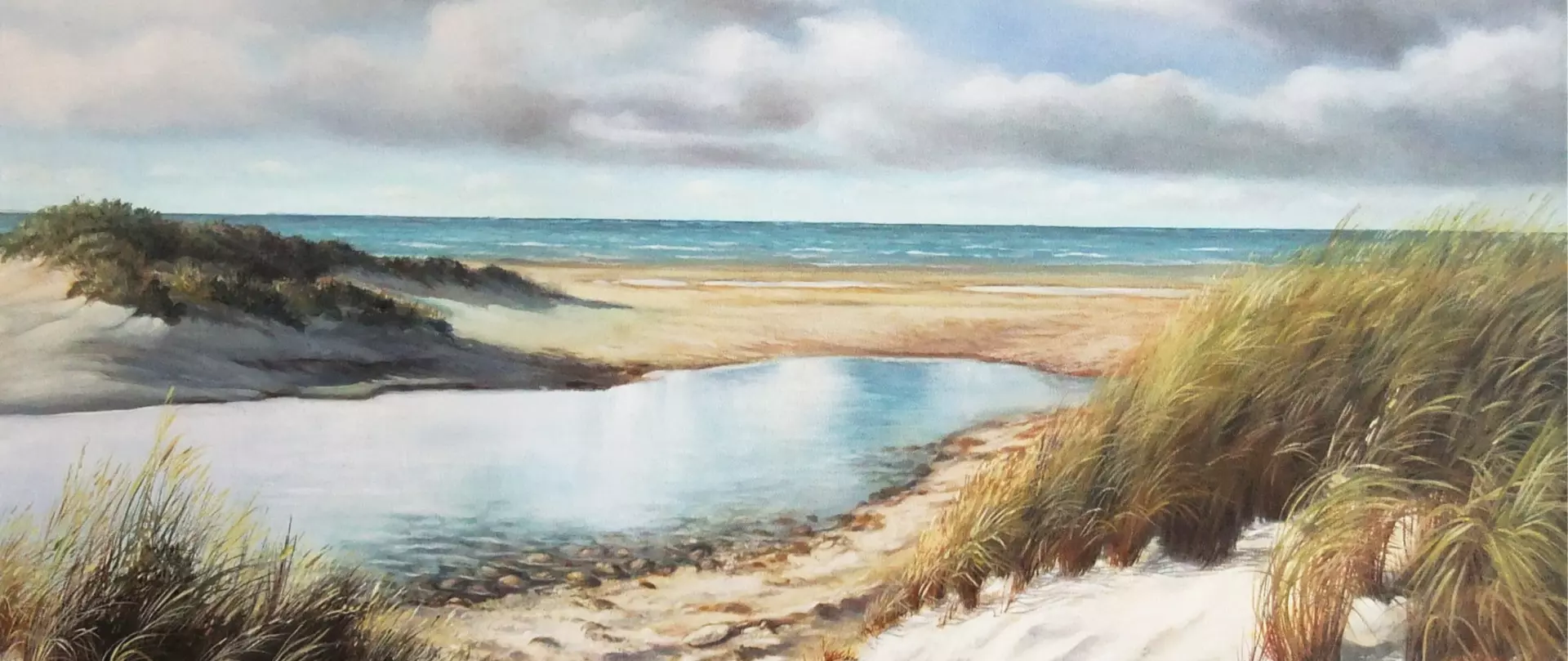 Aquarellmalerei einer Dünenlandschaft mit einem Blick auf das Meer und den Himmel, gemalt von Franz Schwarz – Dozent bei artistravel.