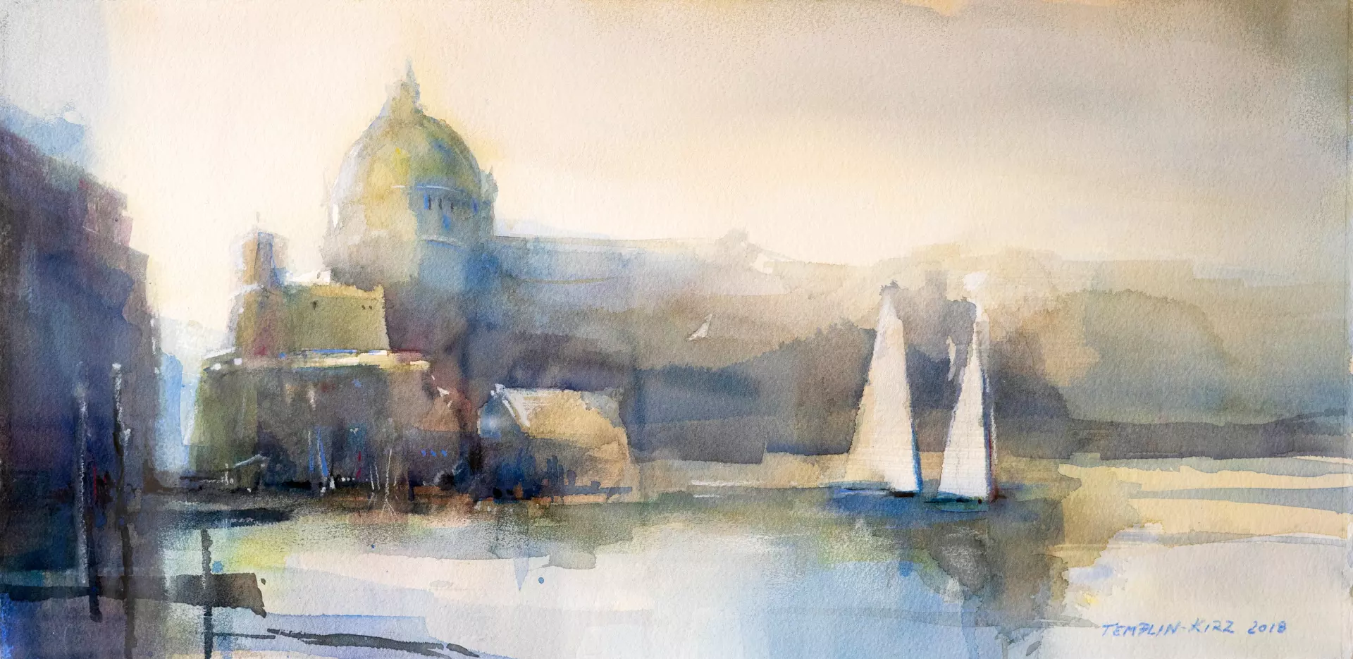 Landschaft mit Segelbooten in Aquarell Atmosphärische Uferlandschaft mit Segelbooten und Architektur im Hintergrund, Aquarell – erstellt von Gabriele Templin-Kirz, Dozentin bei artistravel