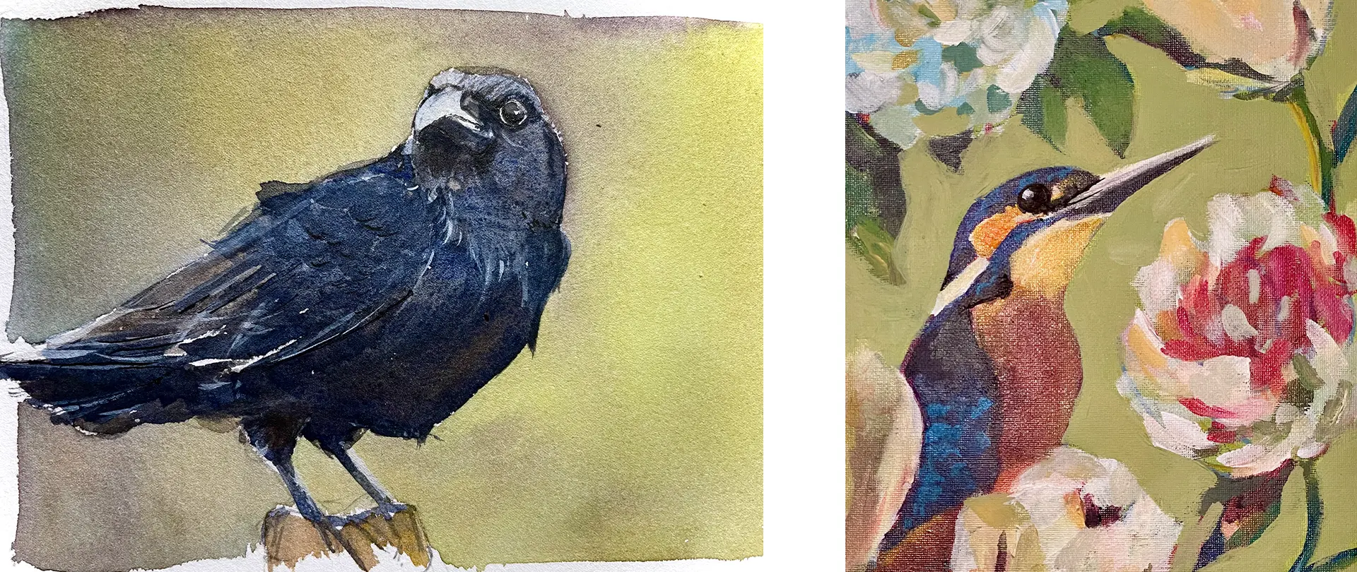 Zwei tierische Aquarelle von Annette Gevatter: ein schwarzer Vogel auf Ast und ein farbenfroher Eisvogel neben Blüten, Ausdruck von Naturbeobachtung und Momentstimmung