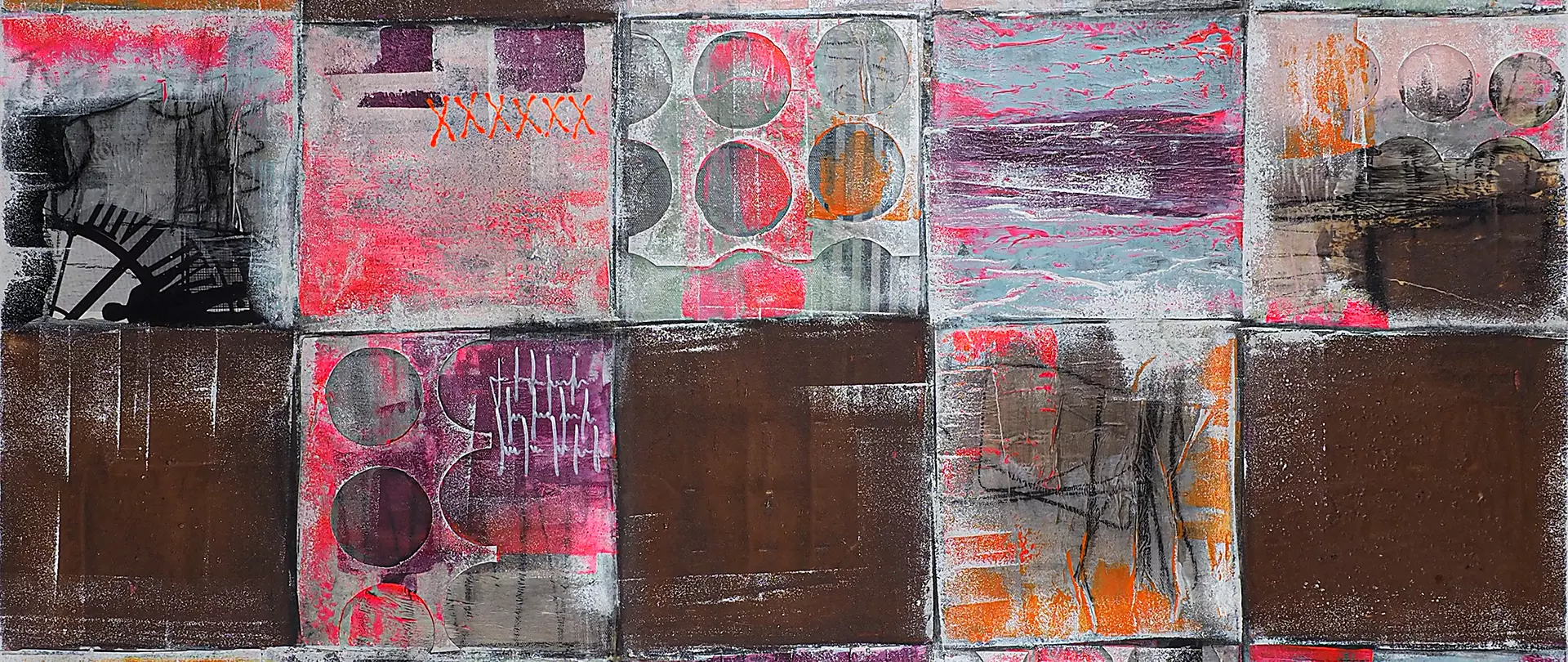 Abstraktes Bild mit dunkelbraunen, grauen, pinken und orangen Formen in quadratischen Feldern, gemalt von Anja Krück