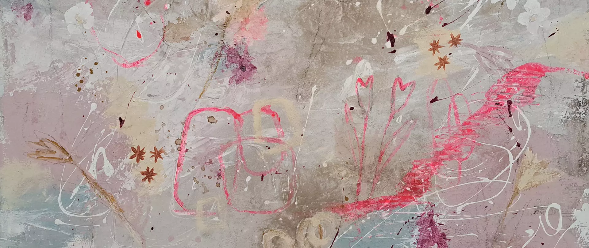 Abstrakte Komposition mit zarten Linien, floralen Motiven und roten Akzenten auf hellem Hintergrund von Anja Krück