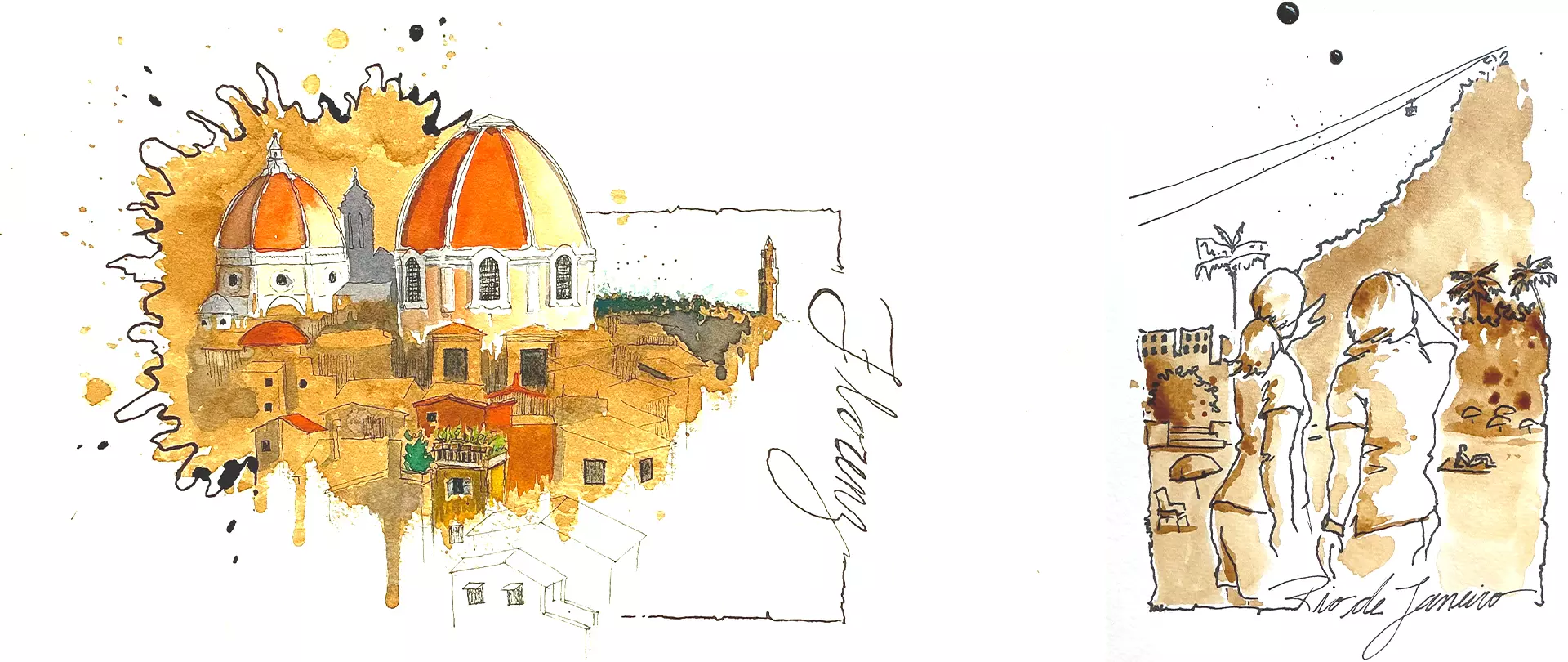 Aquarell- und Kaffeeskizzen von Laura Rodrigues zeigen Florenz mit Domkuppel und Rio de Janeiro mit Figuren im dynamischen spontanen Stil
