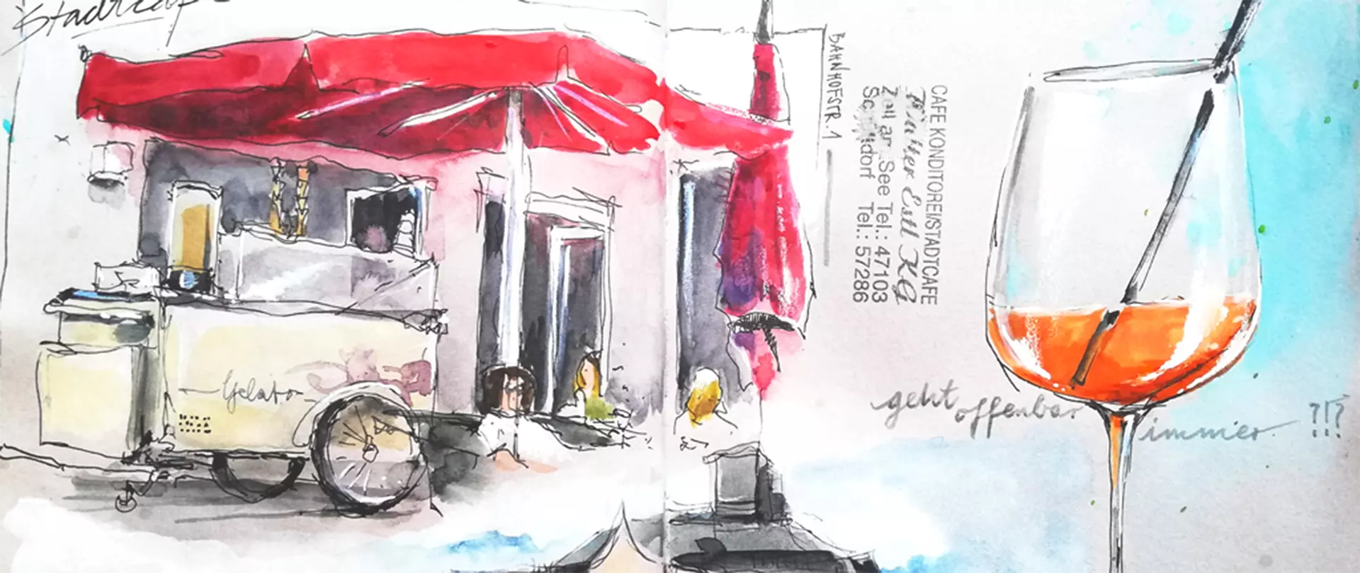 Urban Sketching einer Straßenszene mit Foodtruck und rotem Vordach – gezeichnet von Gris